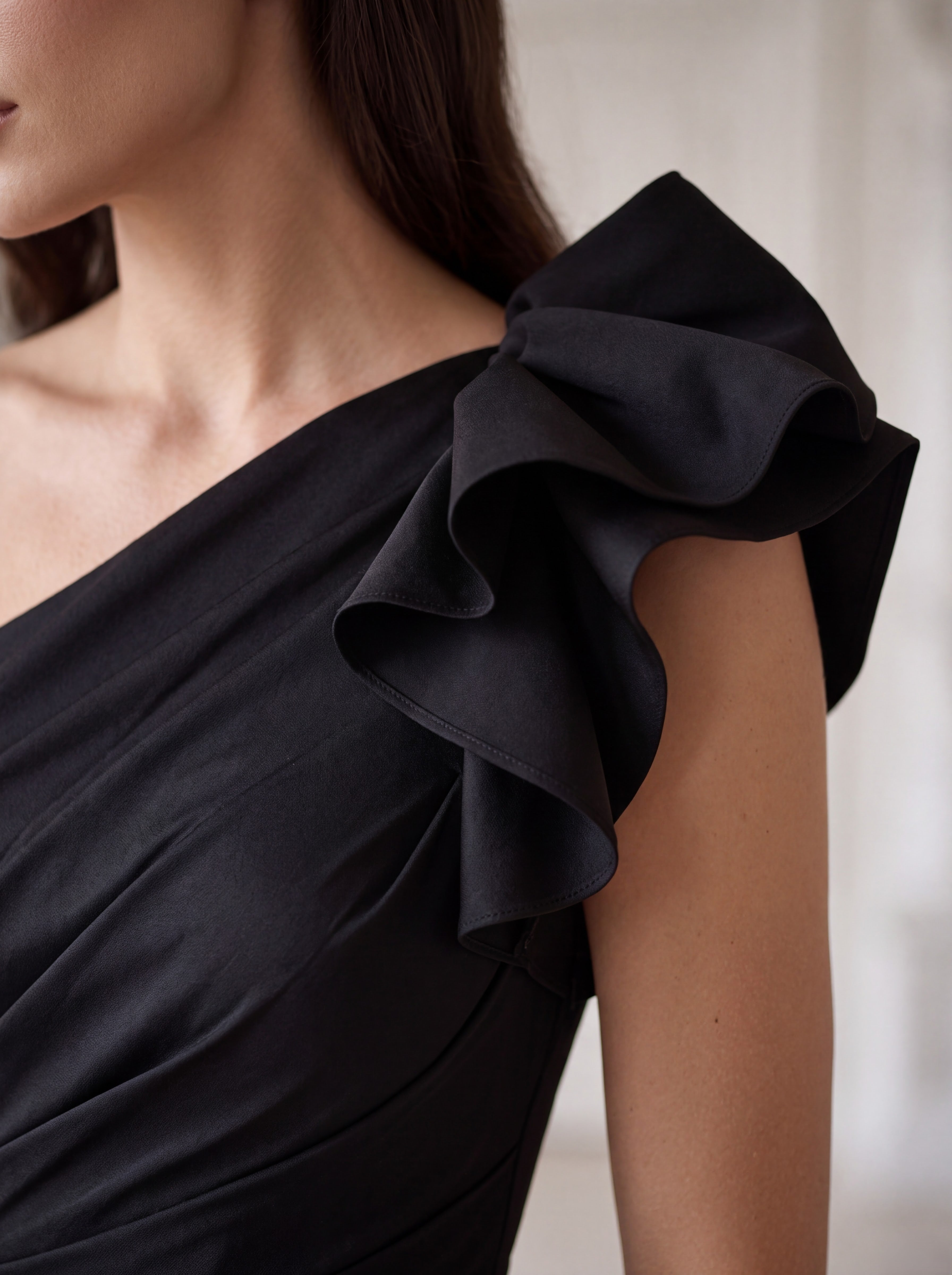 Black One-Shoulder Ruffle Evening Dress