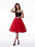 Red & Black Strapless Lace Tulle Midi Dress