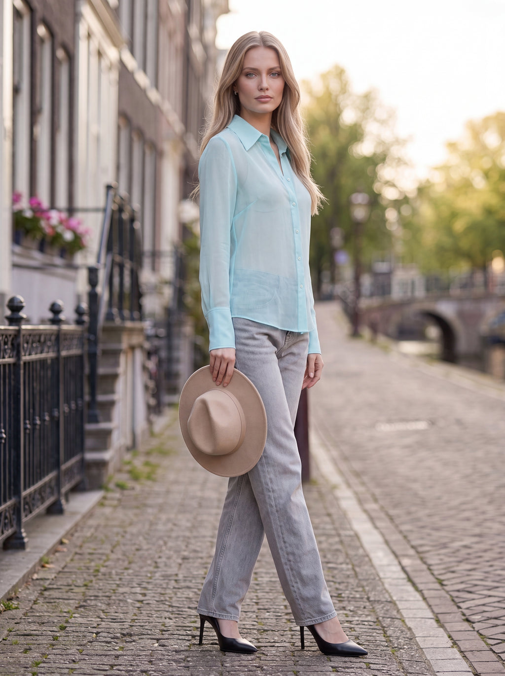 Women's Mint Blue Sheer Button-Down Shirt | Elegant Long Sleeve Chiffon Blouse