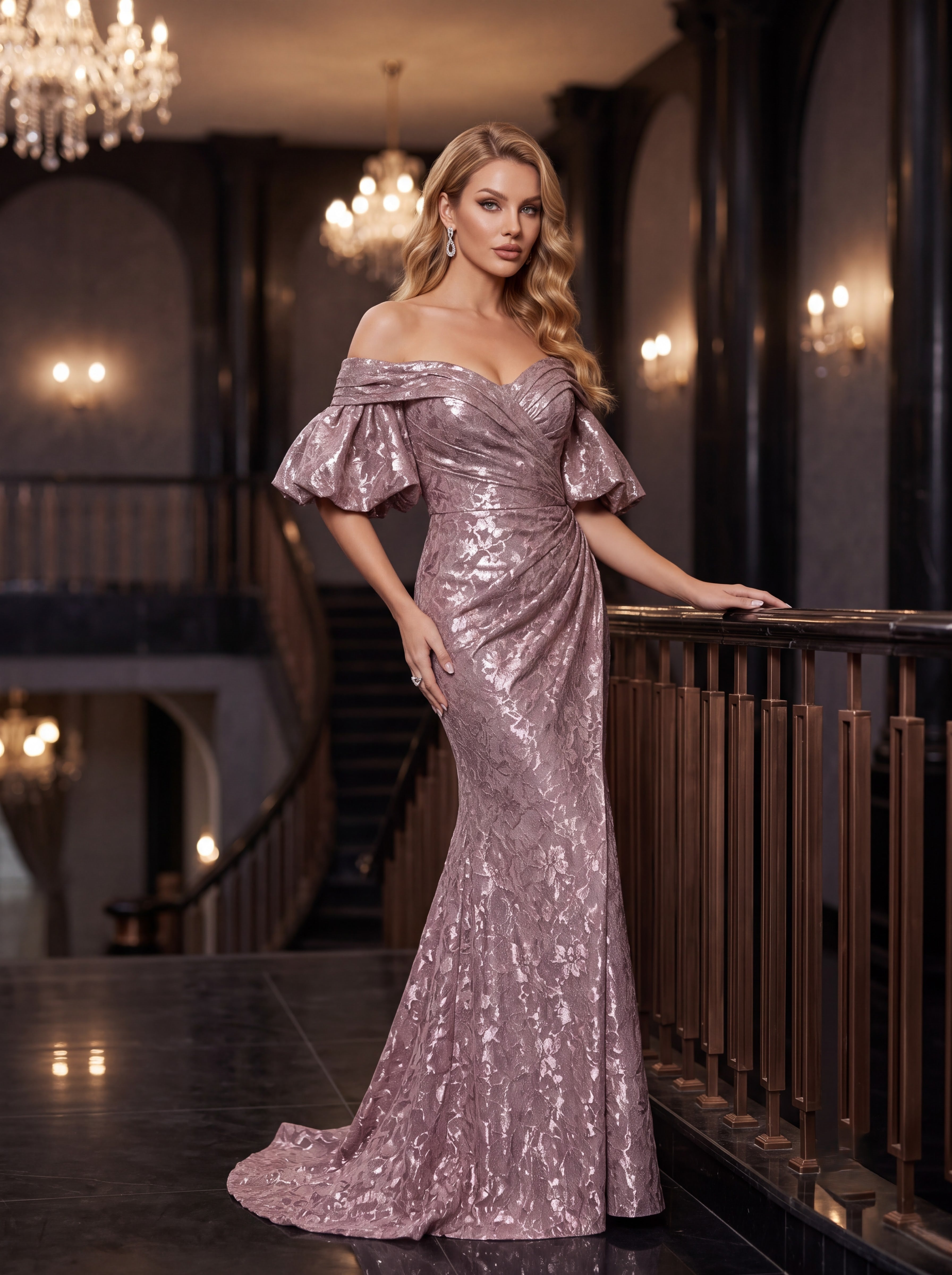 Rose Gold Off-Shoulder Metallic Mermaid Evening Gown
