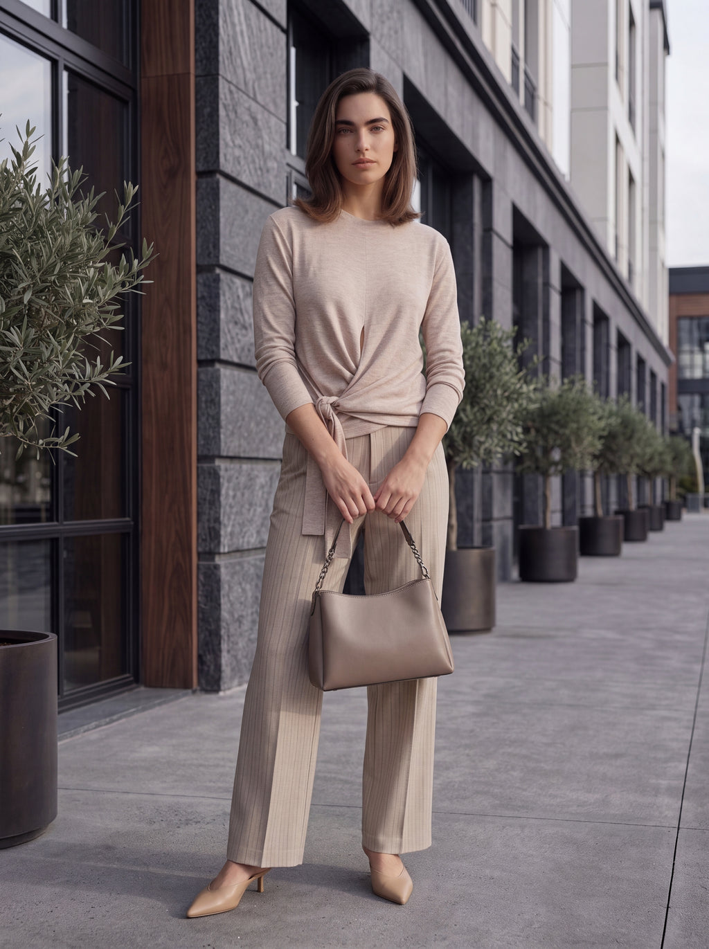 Women's Beige Tie-Front Knit Top – Elegant Long Sleeve European Wrap Style Top