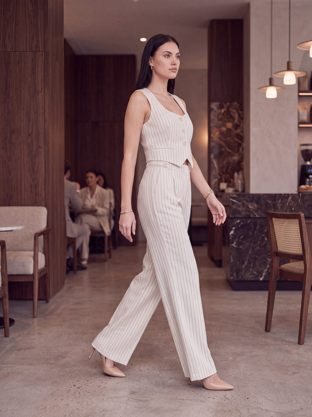 Women's Beige Pinstripe High-Waisted Wide Leg Tailored Trousers – Premium European Formal Pants