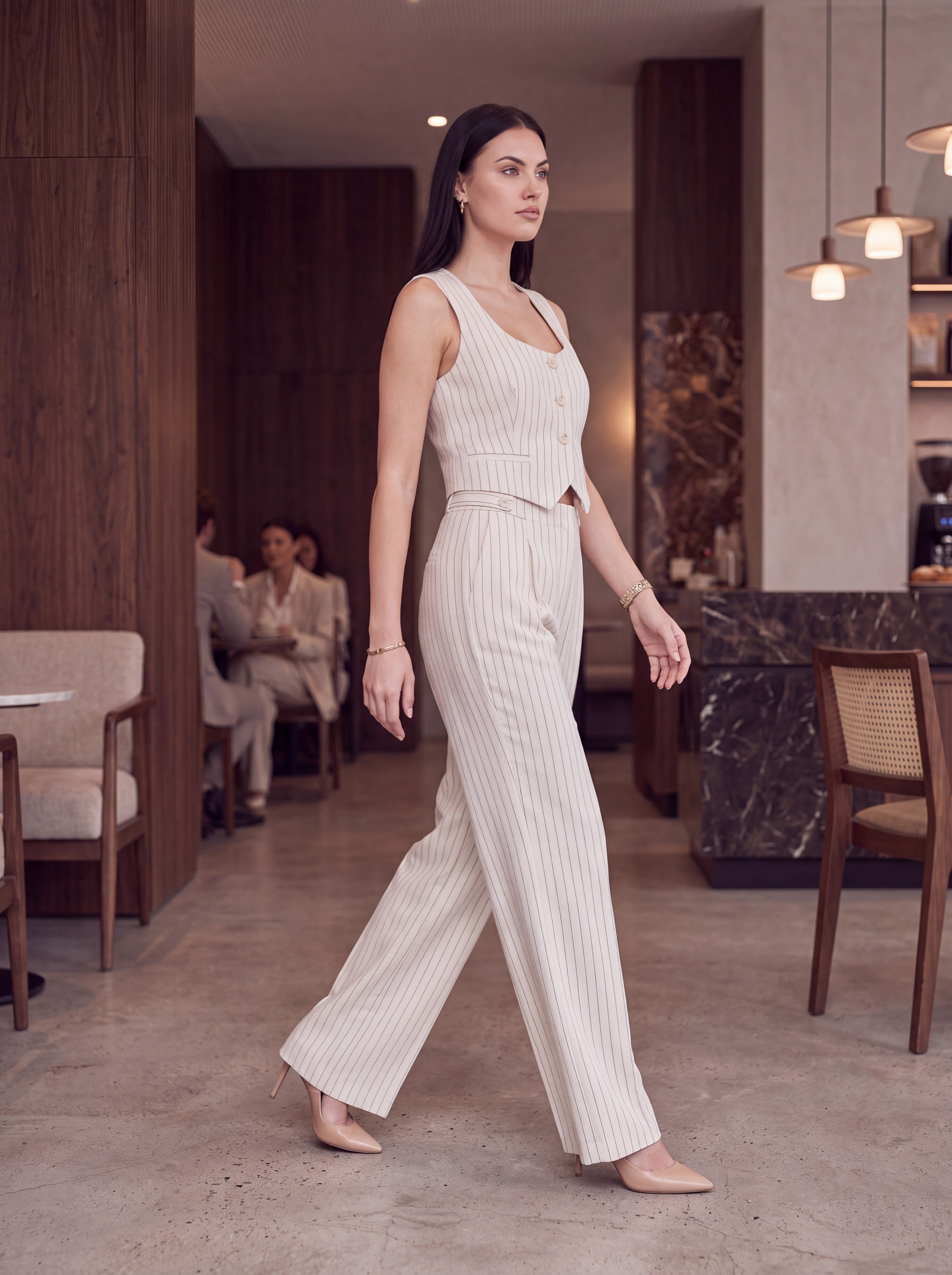 Women's Beige Pinstripe High-Waisted Wide Leg Tailored Trousers – Premium European Formal Pants