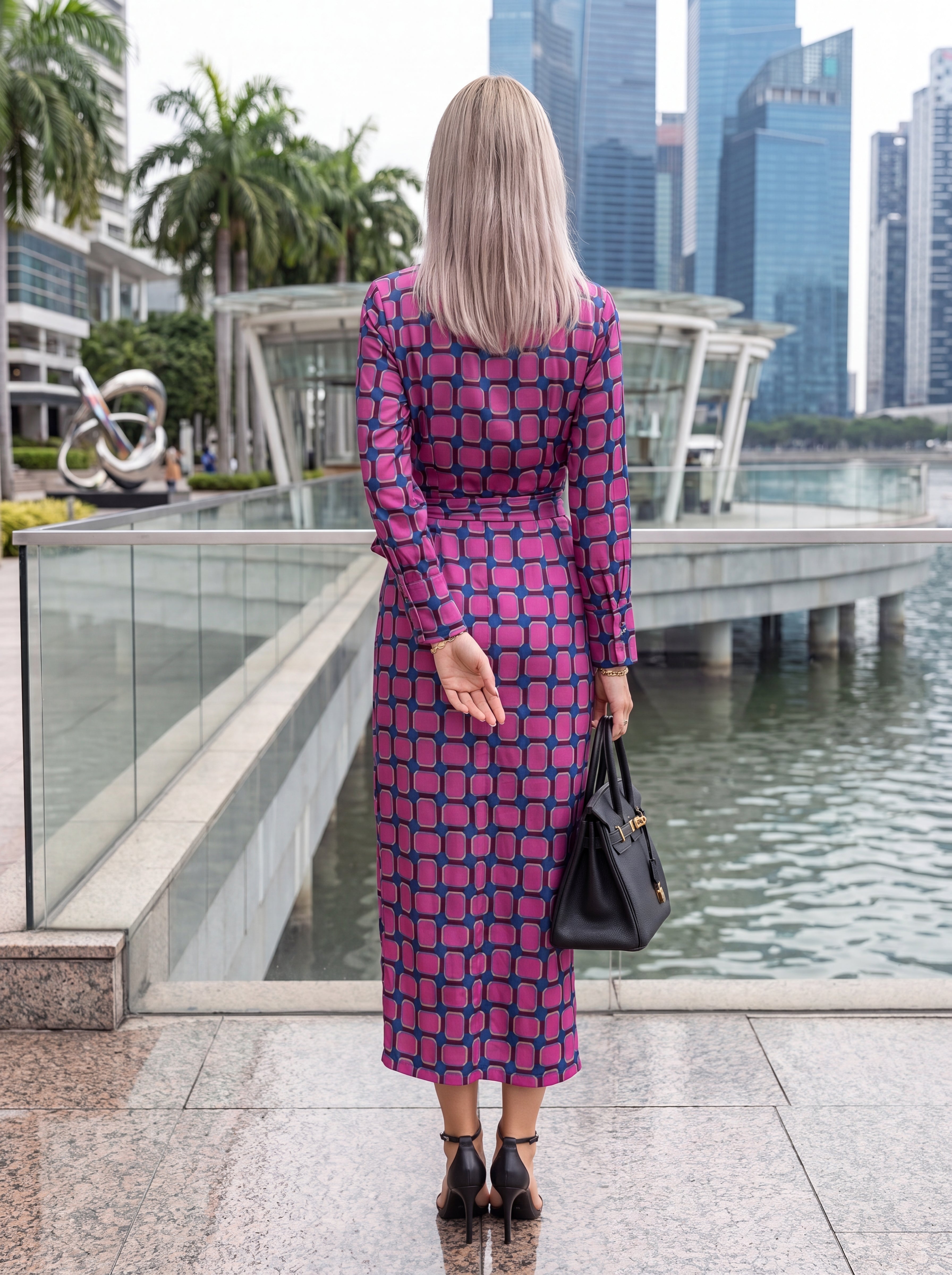 Women's Pink & Purple Geometric Wrap Midi Dress – Premium European Printed Long Sleeve Dress