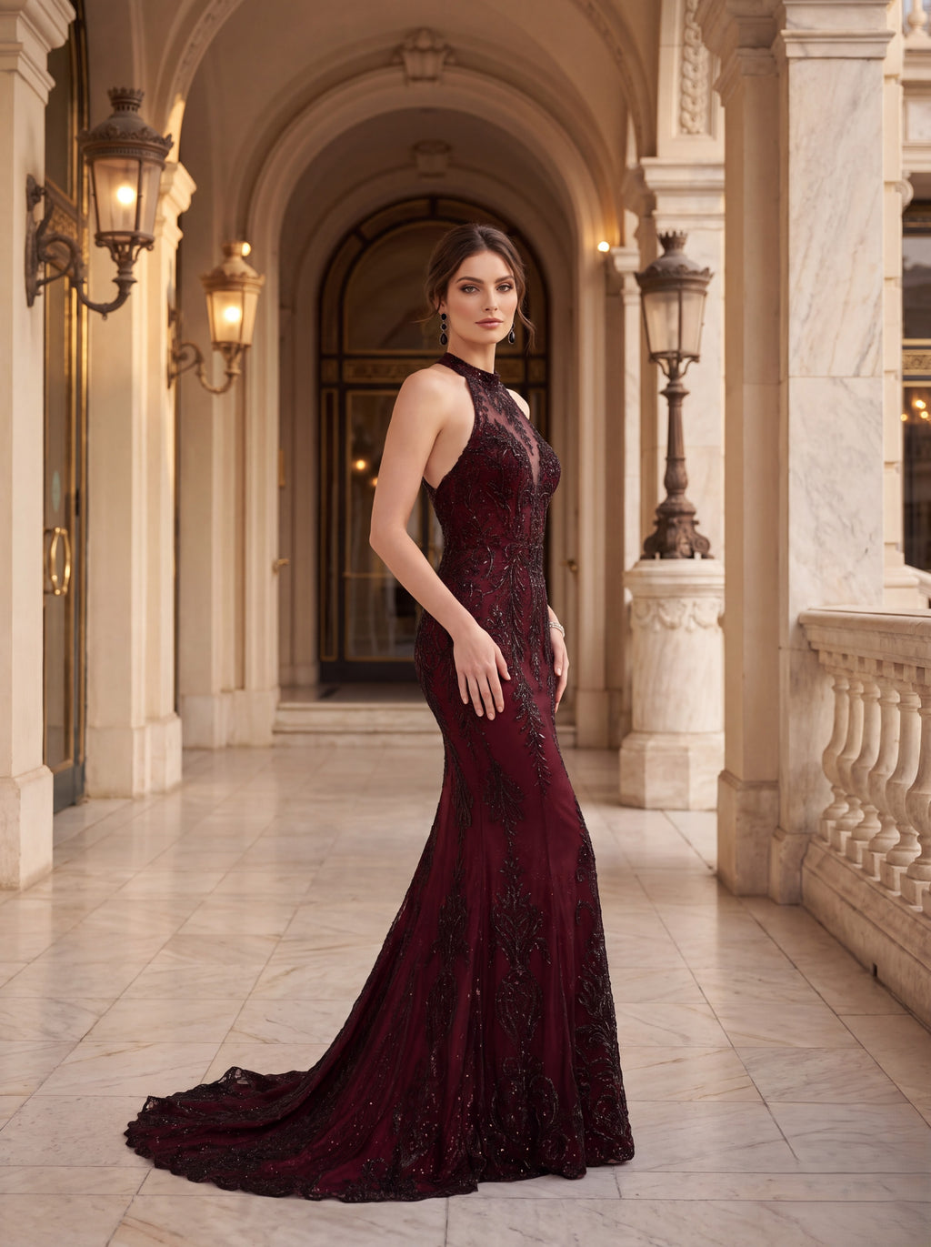 Burgundy Embellished Mermaid Evening Gown