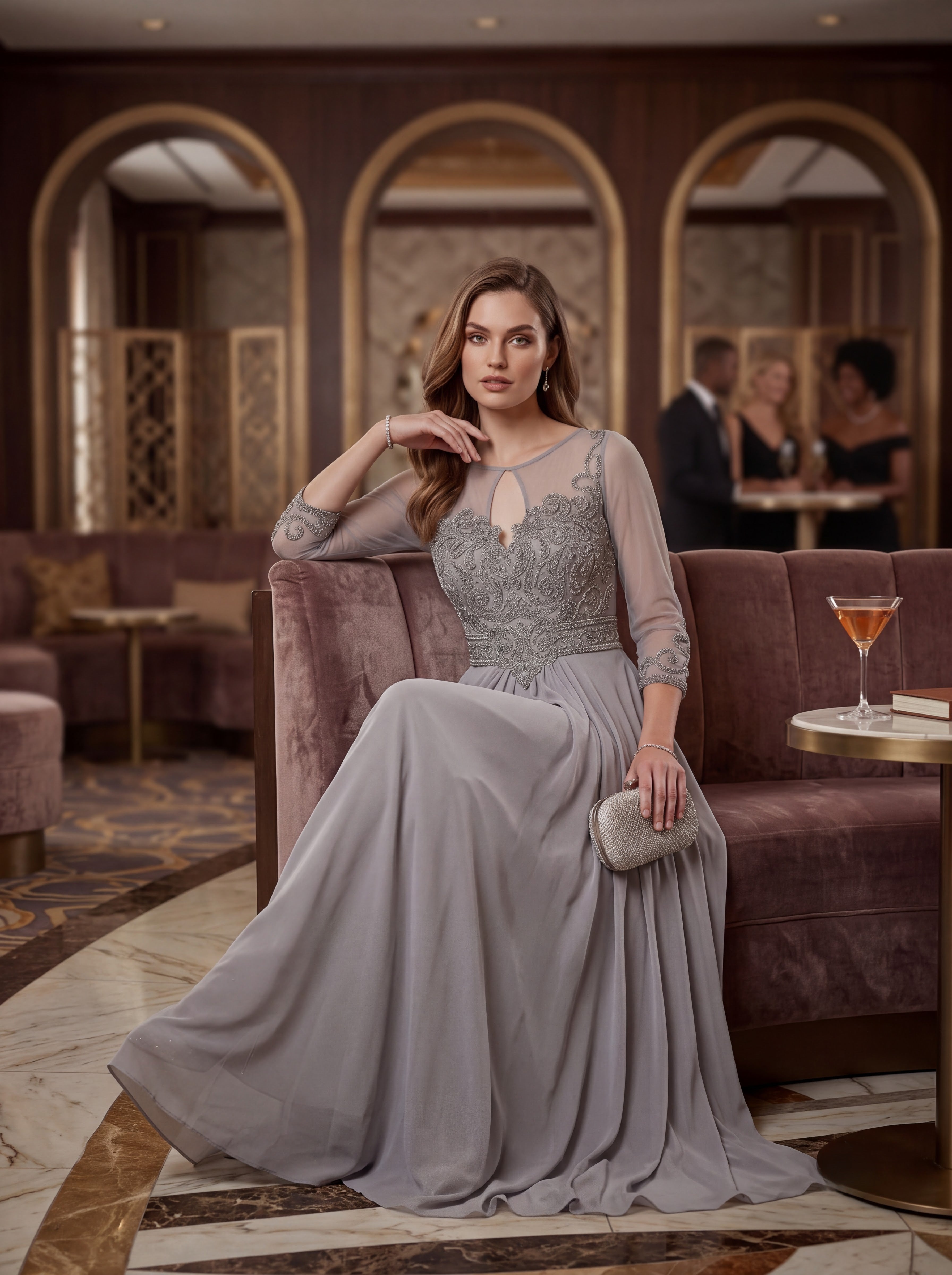 Silver Grey Embroidered Chiffon Maxi Dress