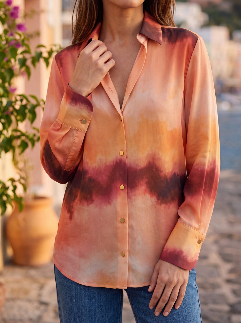 Women's Sunset Watercolor Print Shirt | Premium European Designer Long Sleeve Shirt
