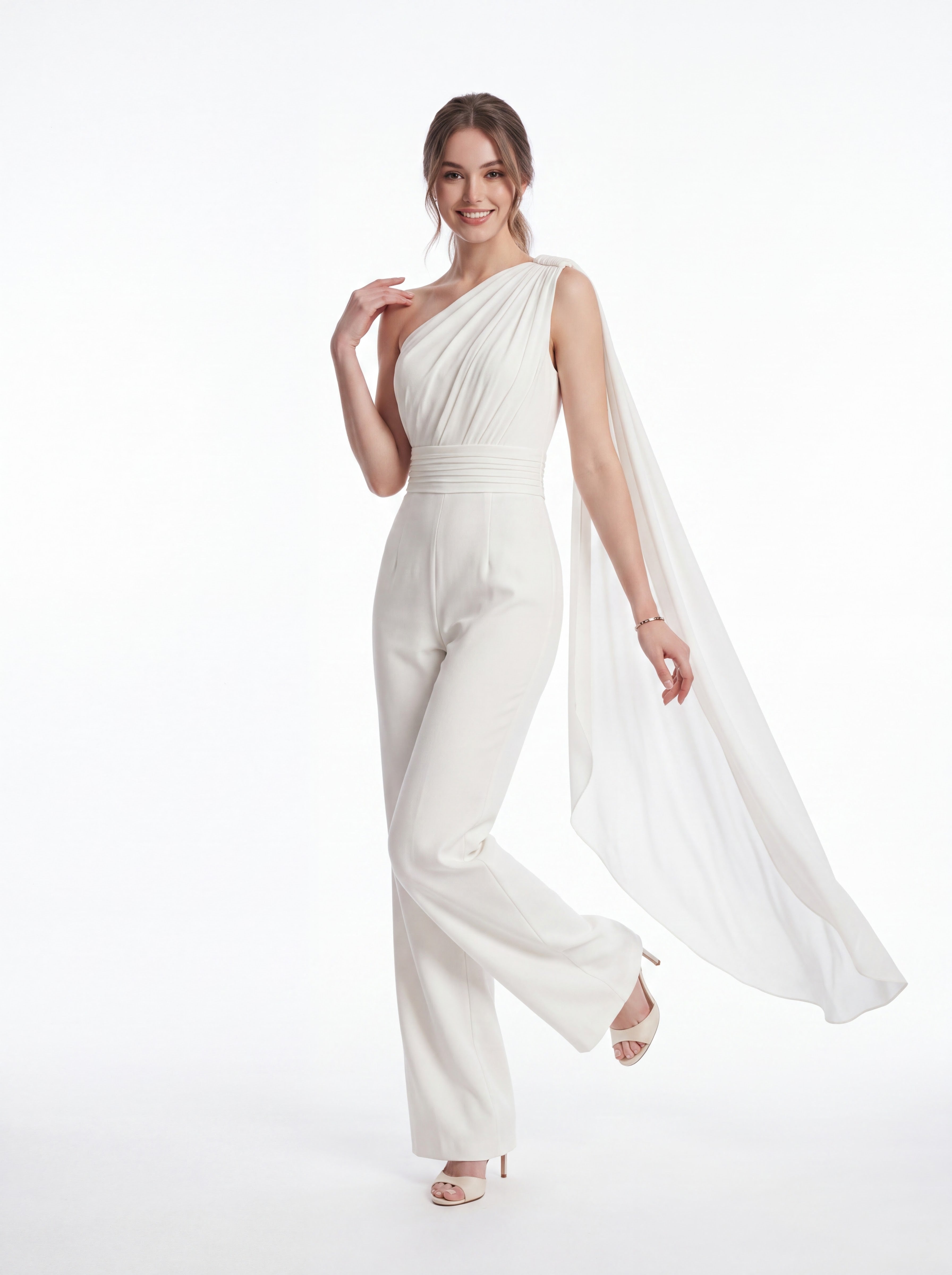 Ivory One-Shoulder Cape Jumpsuit