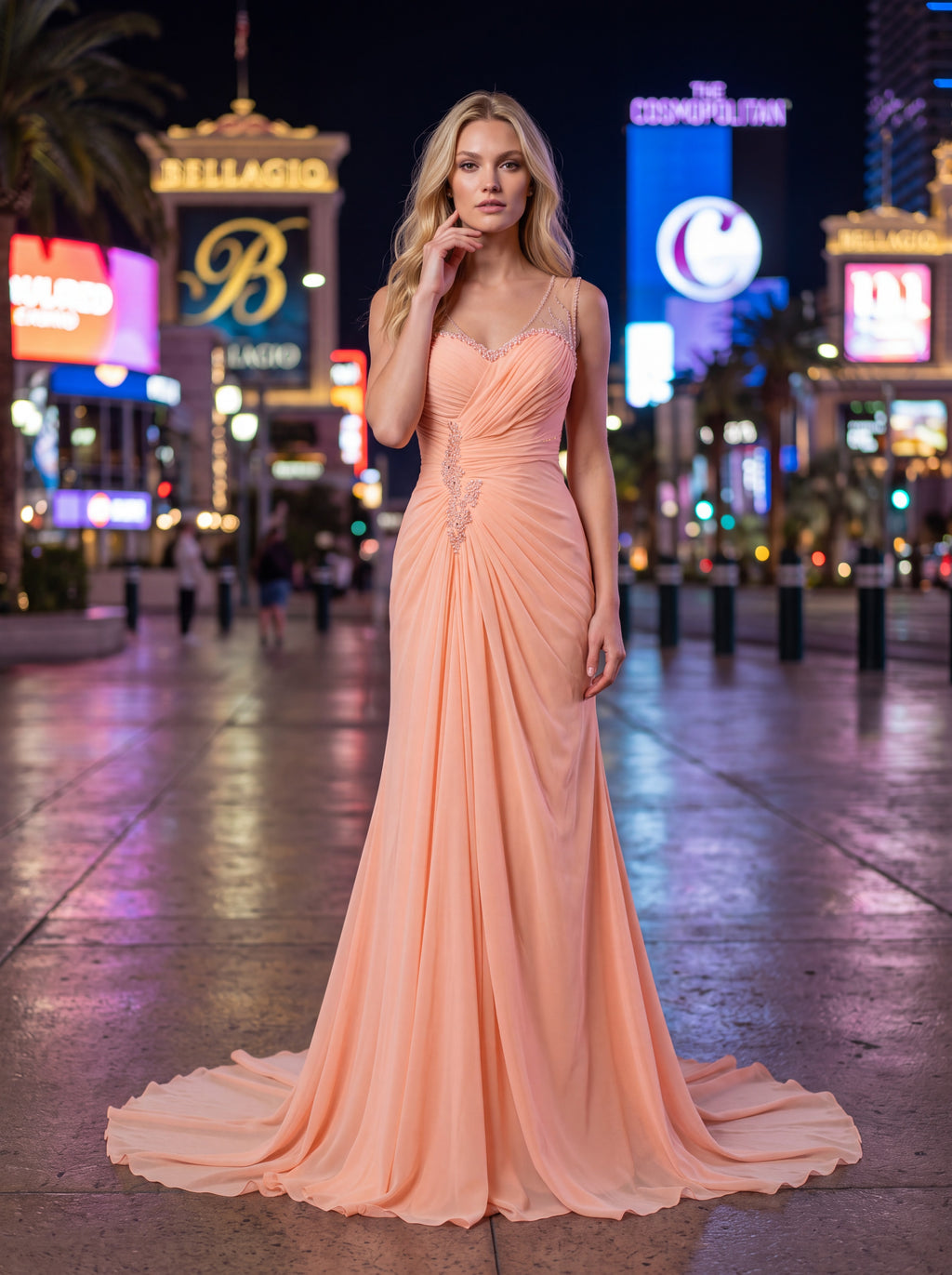 Peach Embellished Ruched Evening Gown