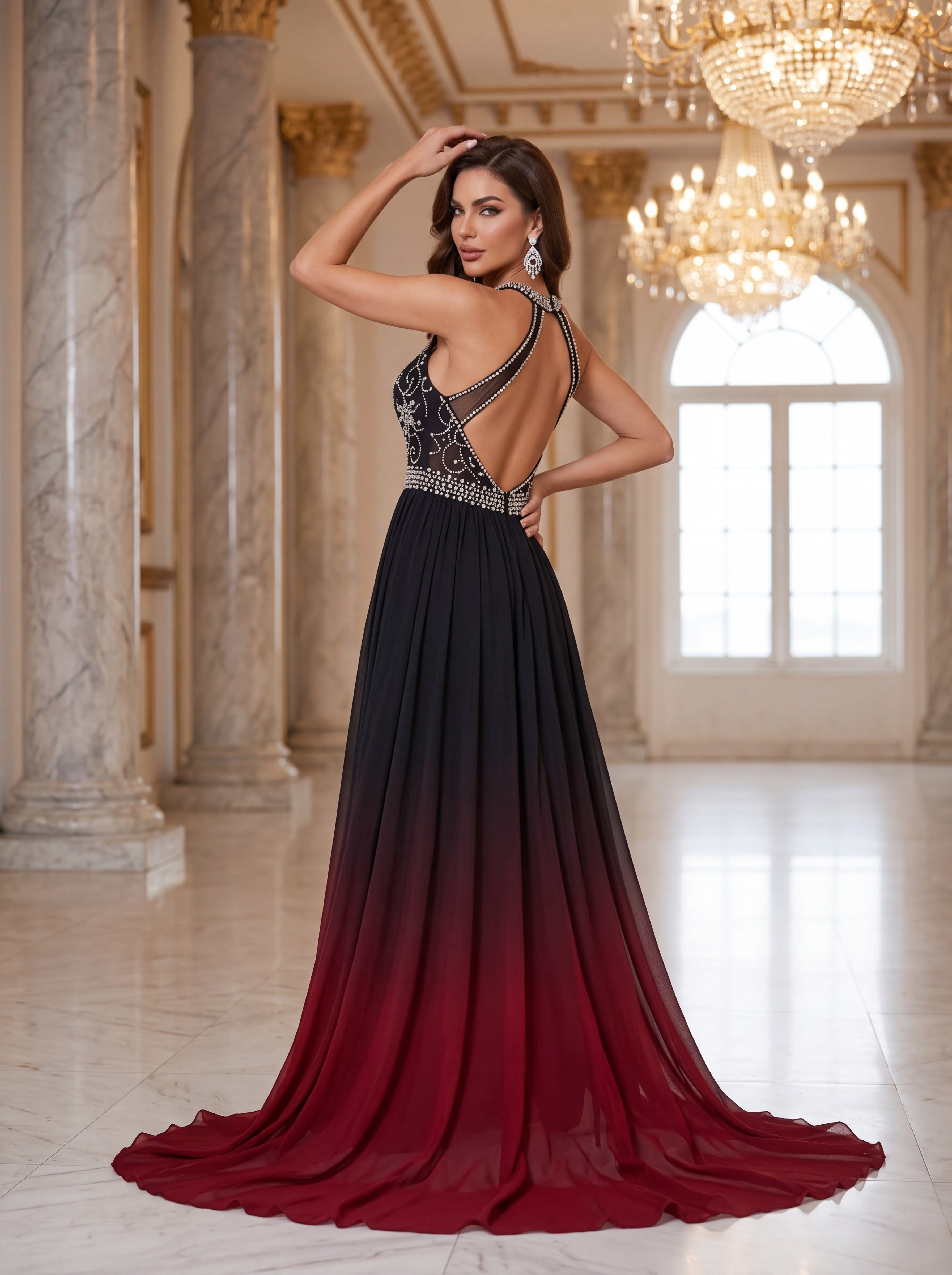 Ombre Embellished Chiffon Evening Gown
