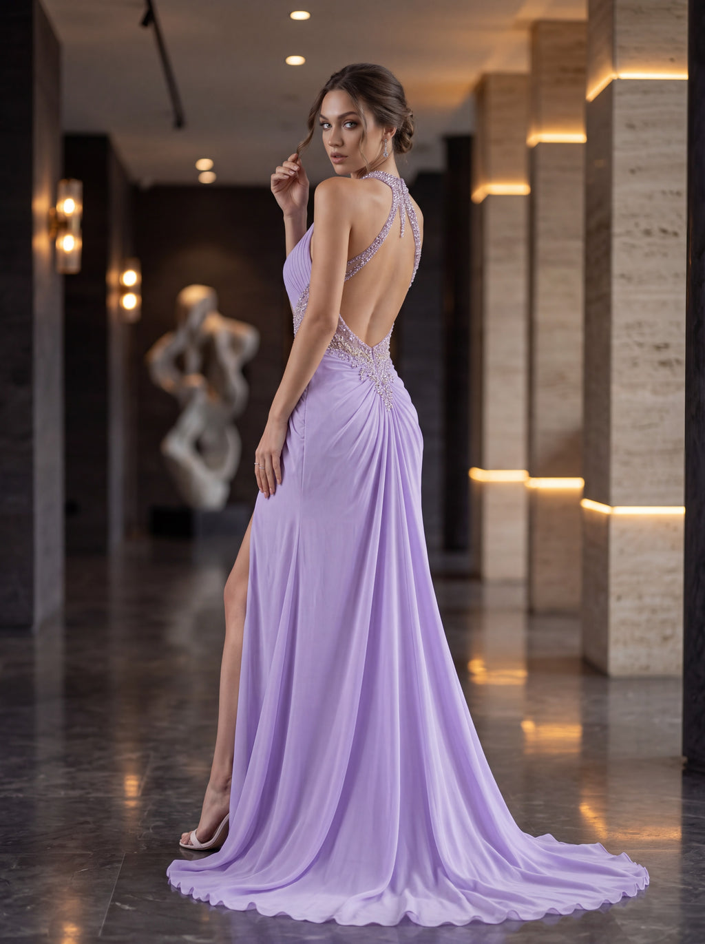 Lilac Embellished Halter Evening Gown