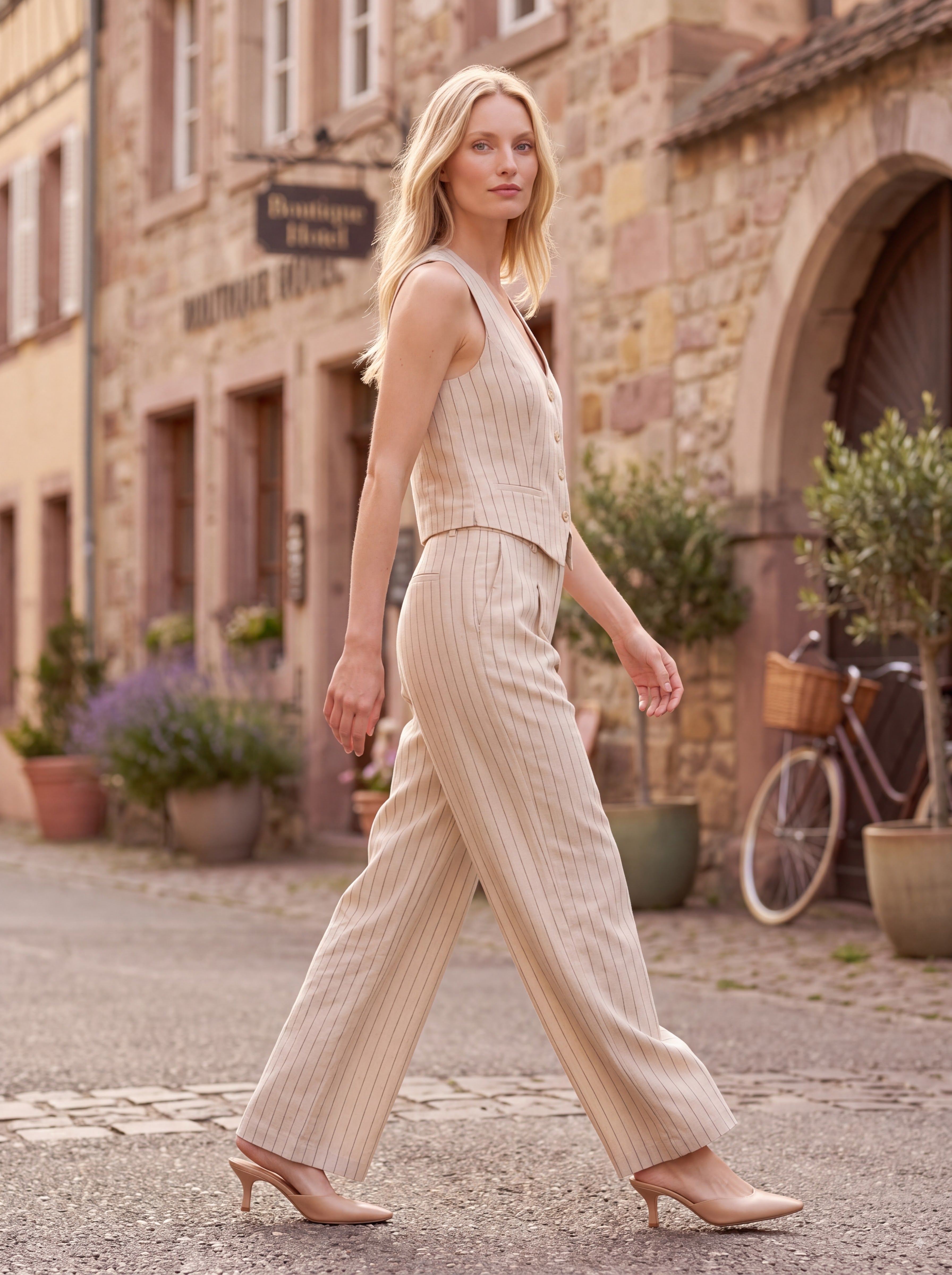 Women's Beige Pinstripe Tailored Vest & Wide-Leg Trousers Pair Collection | Premium European Women's Pair