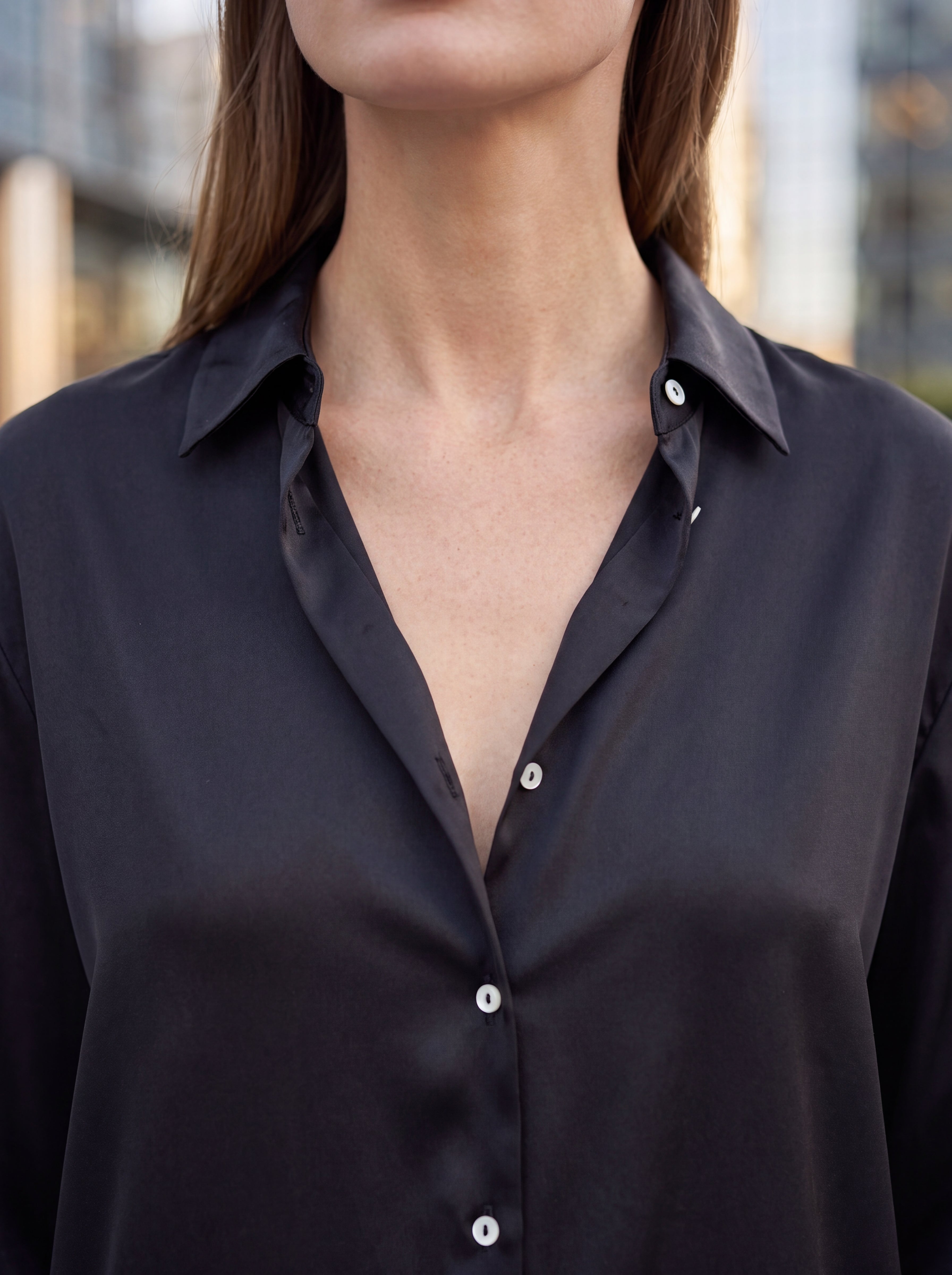 Women's Black Satin Button-Down Shirt | Premium European Long Sleeve Elegant Blouse