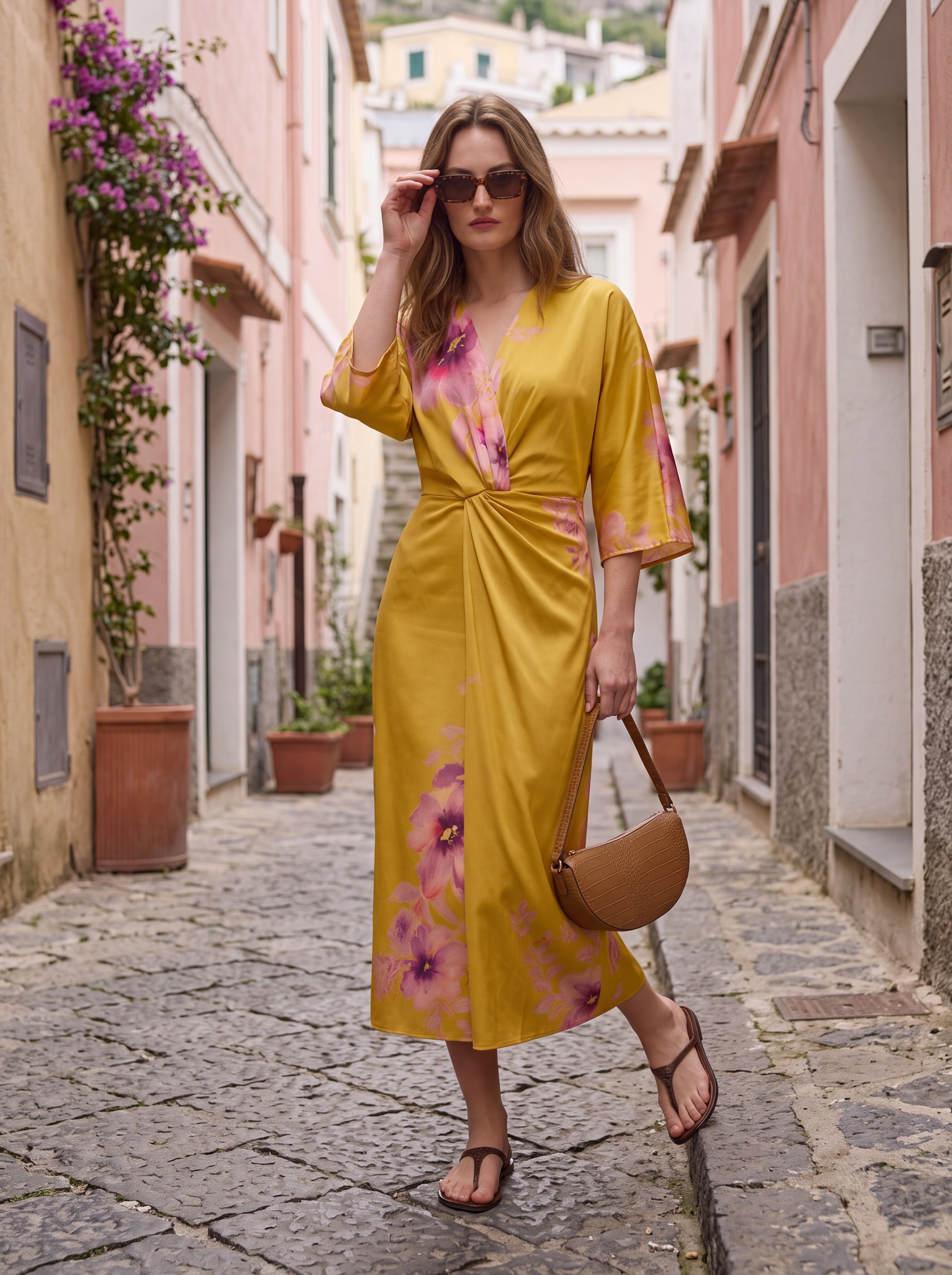 Women's Floral Satin Twist Waist Midi Dress – Mustard Yellow