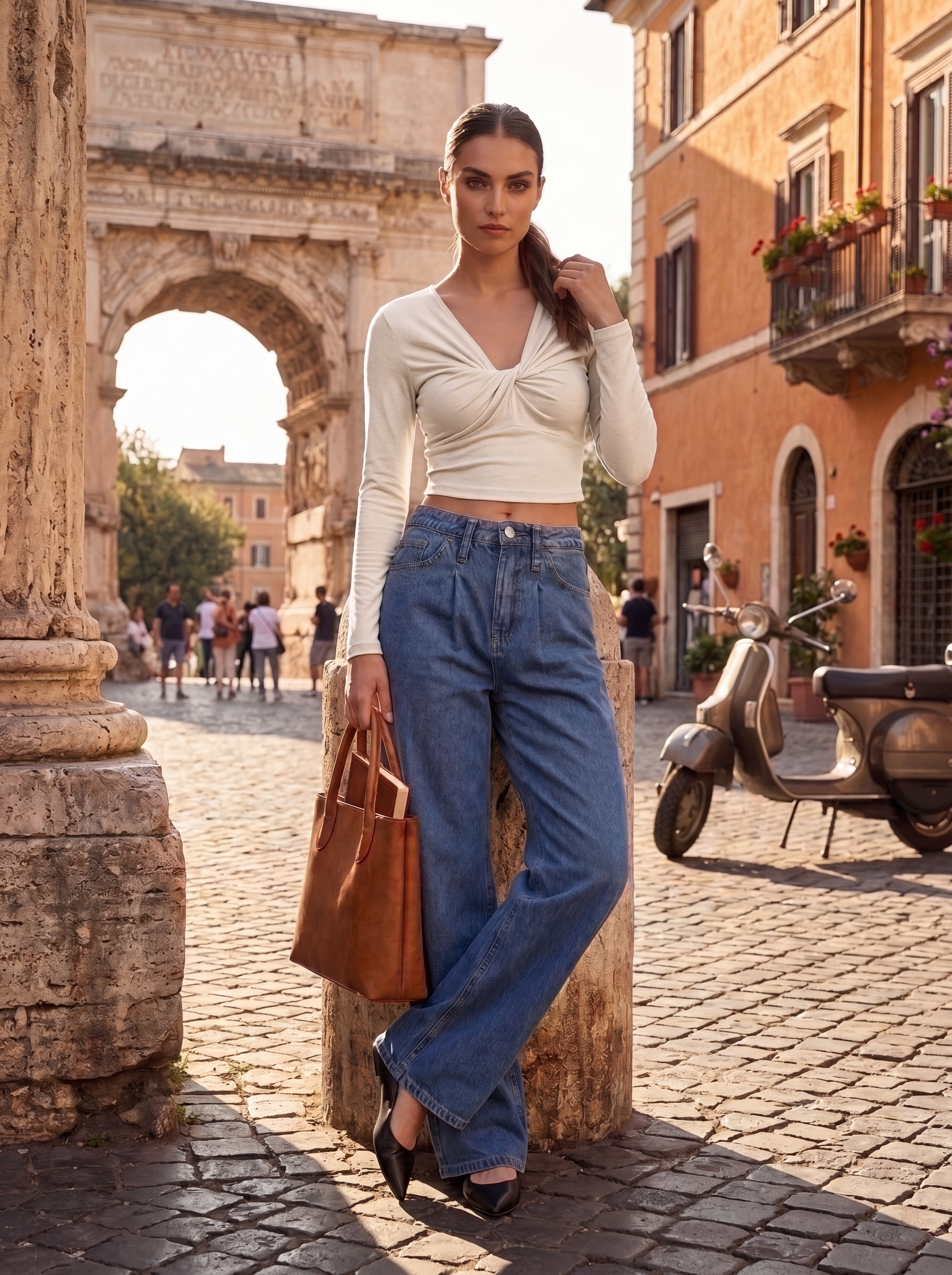 Women's Beige Twist Front Long Sleeve Crop Top – Elegant European Fitted Top