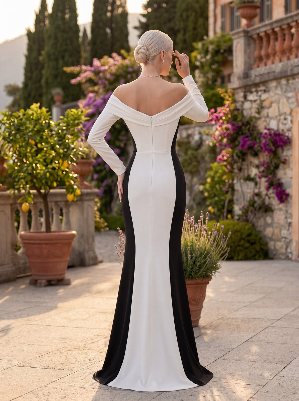 White & Black Off-Shoulder Mermaid Evening Gown