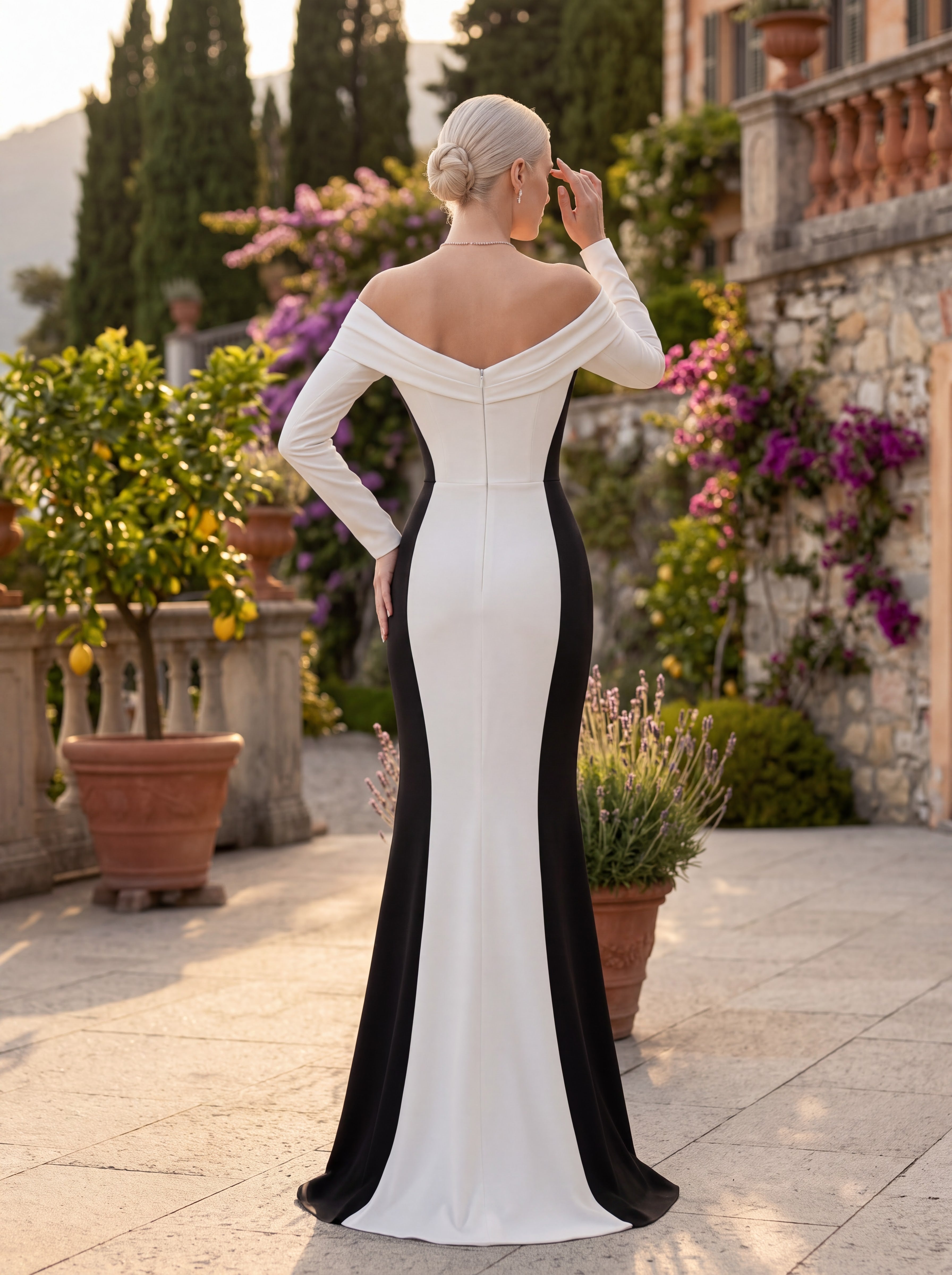 White & Black Off-Shoulder Mermaid Evening Gown