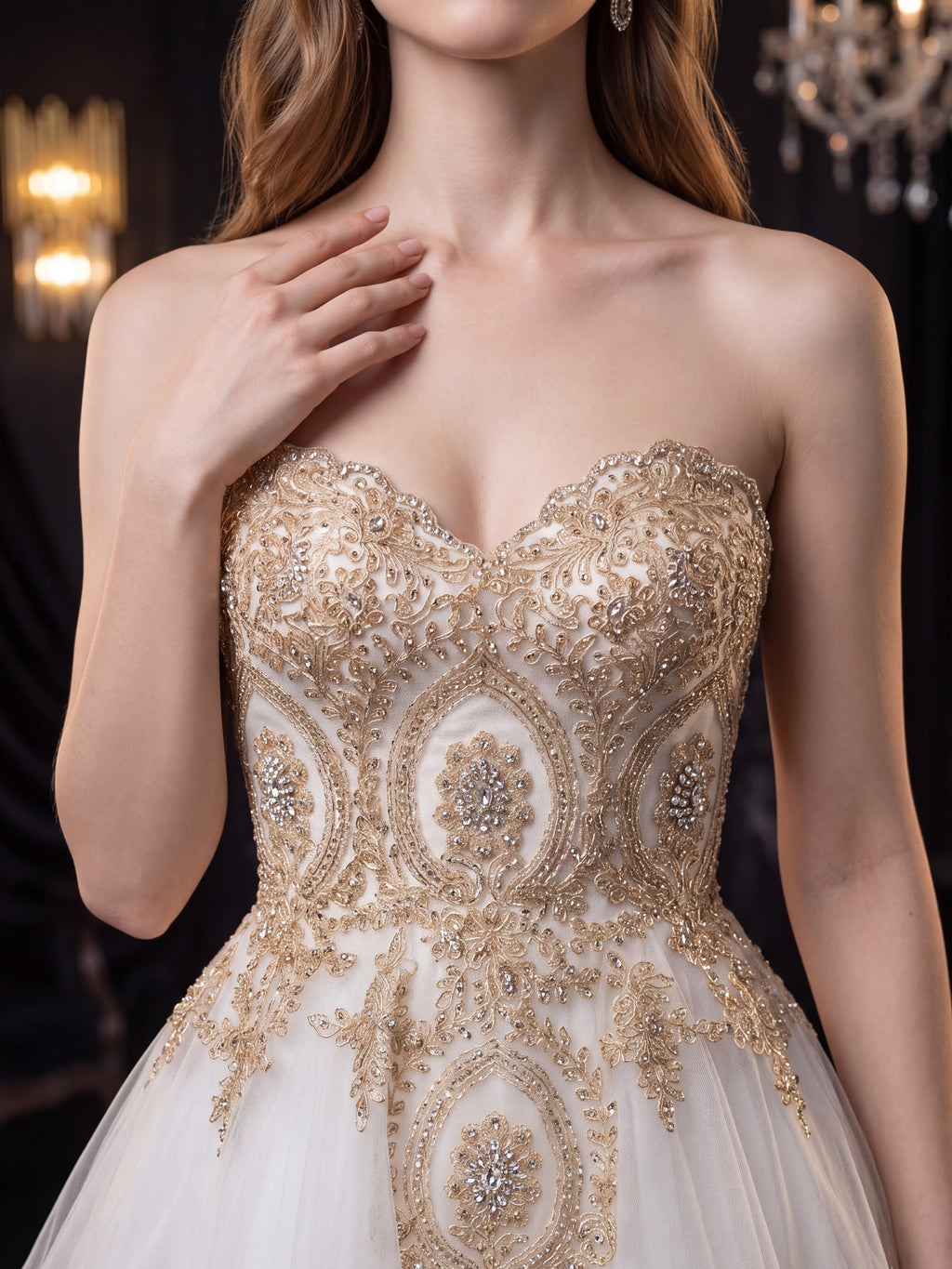 White & Gold Embroidered Strapless Tulle Party Dress
