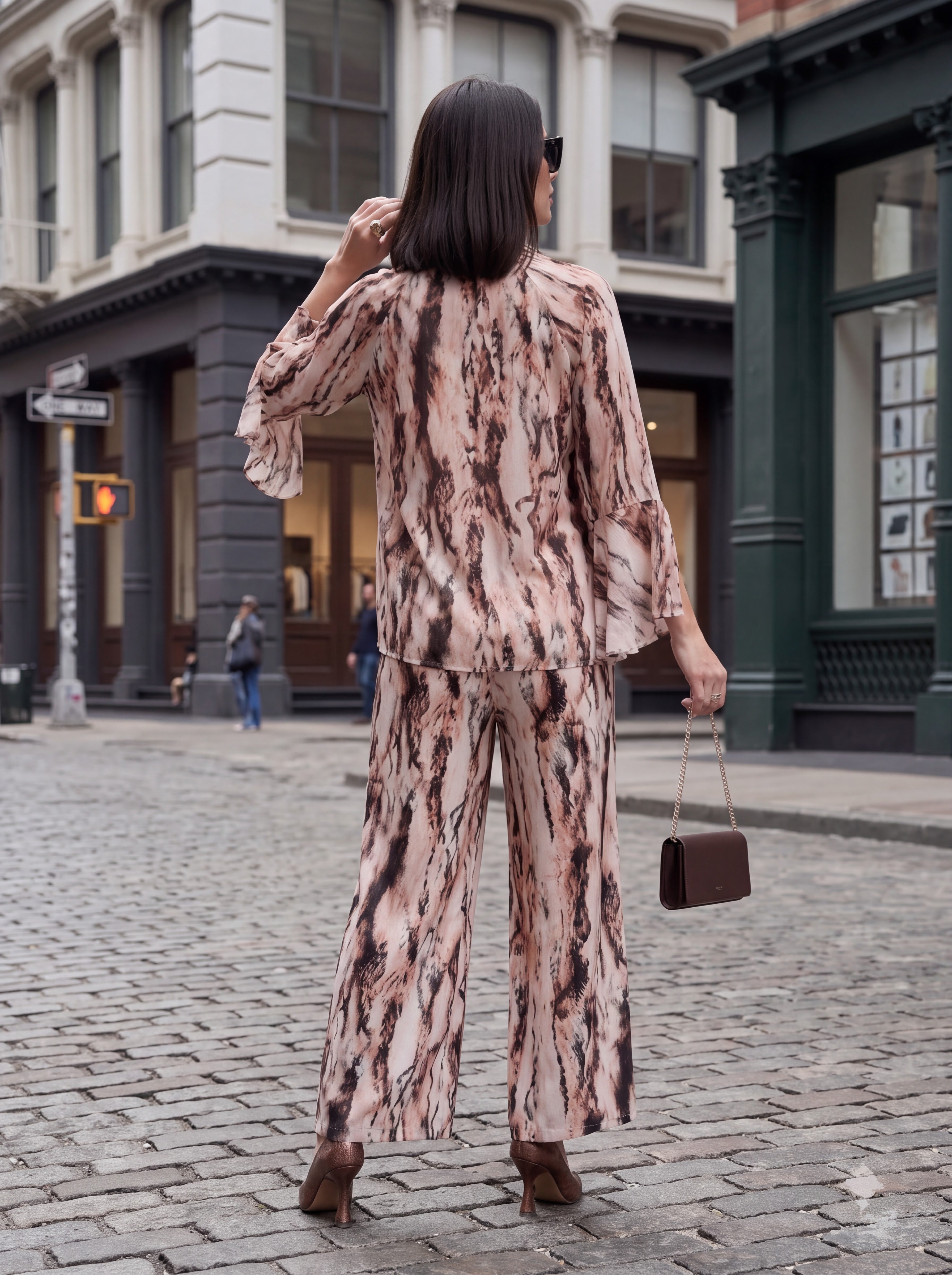 Women's Marble Print Pair Collection | Premium European Women's Printed Shirt & Wide-Leg Trouser Pair