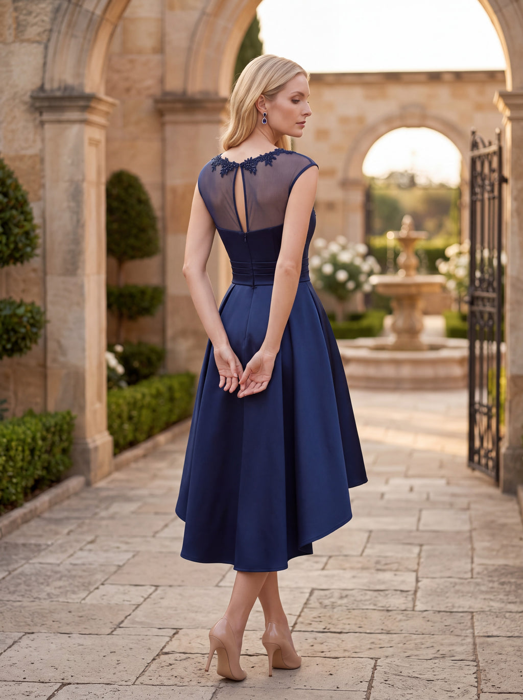 Navy High-Low Satin Dress with Embroidered Illusion Neckline