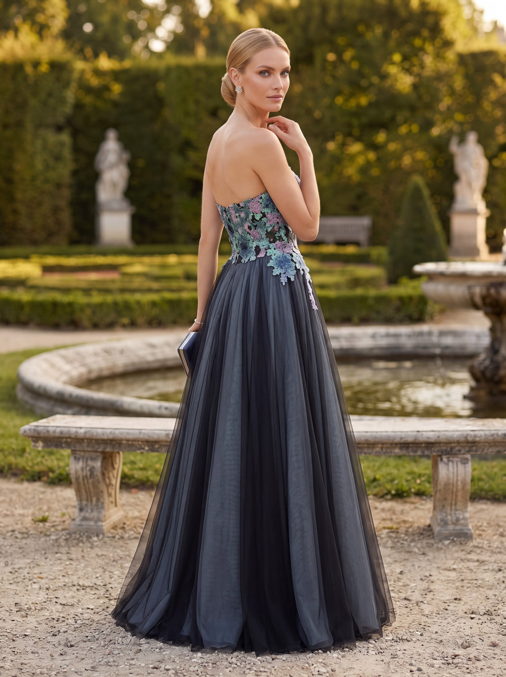 Charcoal Grey Floral Strapless Ball Gown