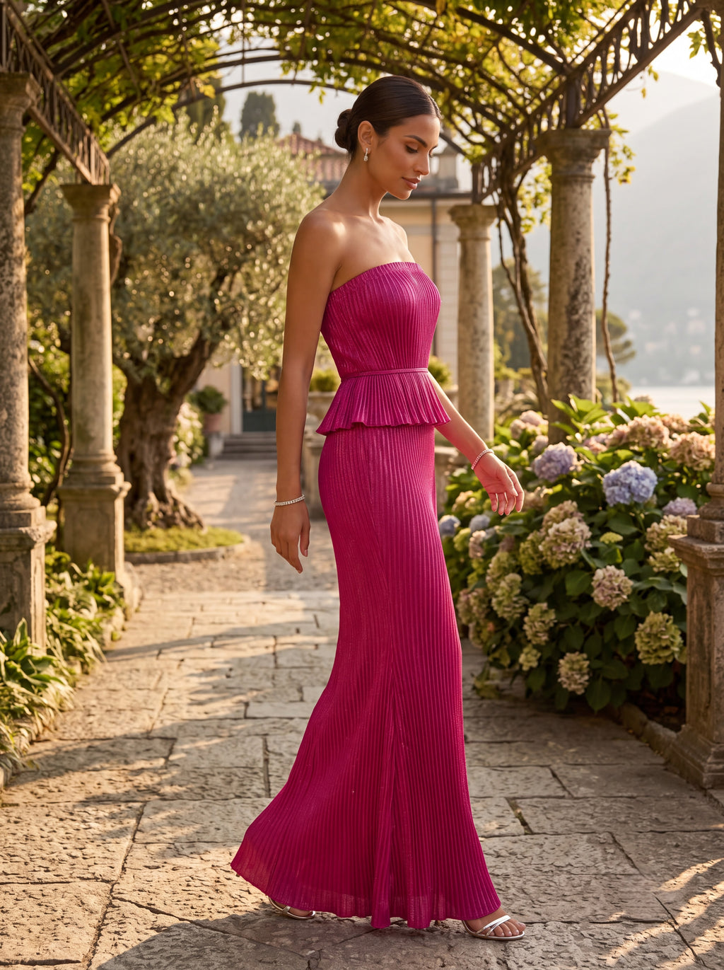 Fuchsia Pleated Strapless Mermaid Evening Gown