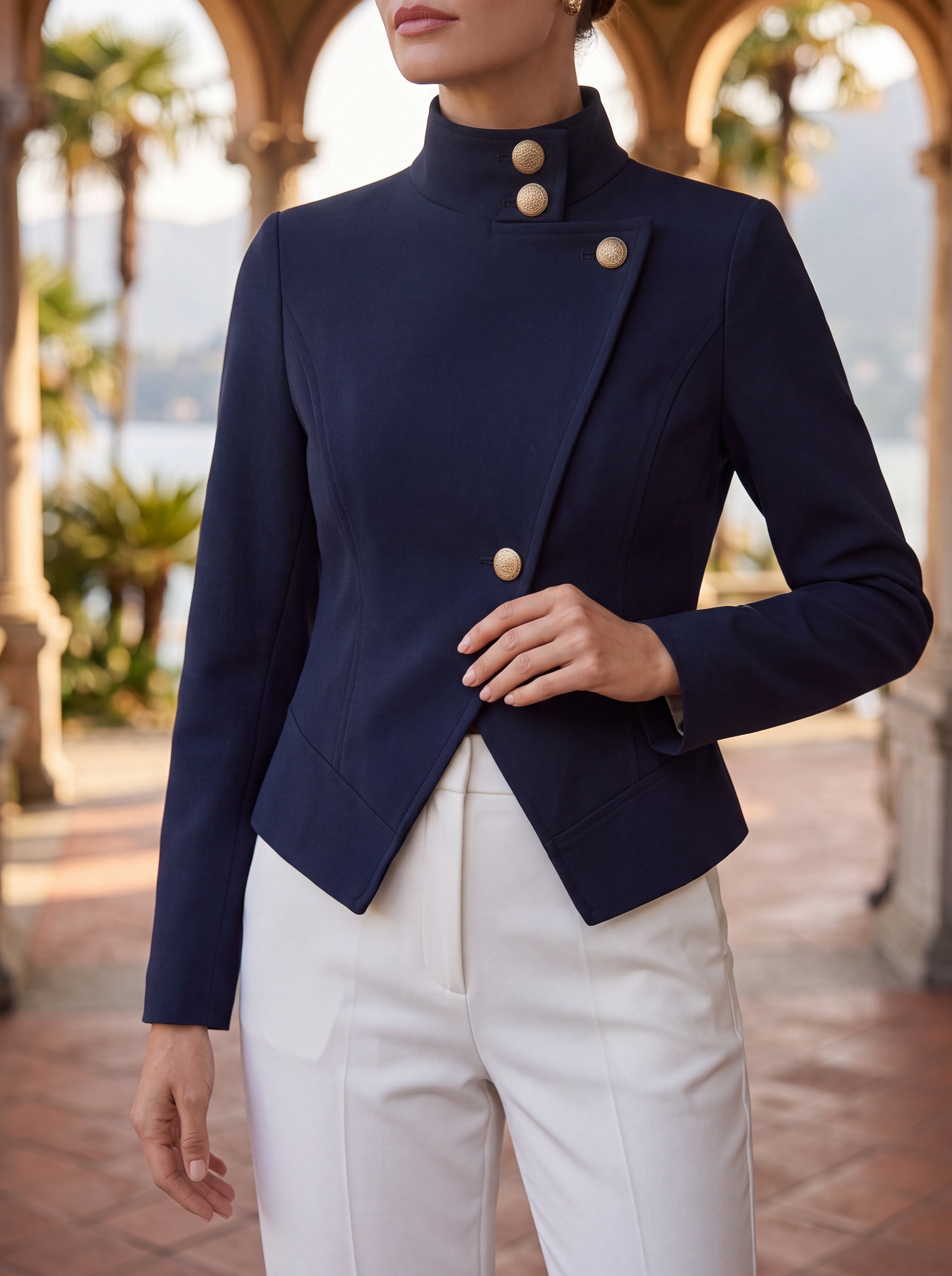 Women's Navy High-Neck Tailored Jacket | Premium European Statement Blazer