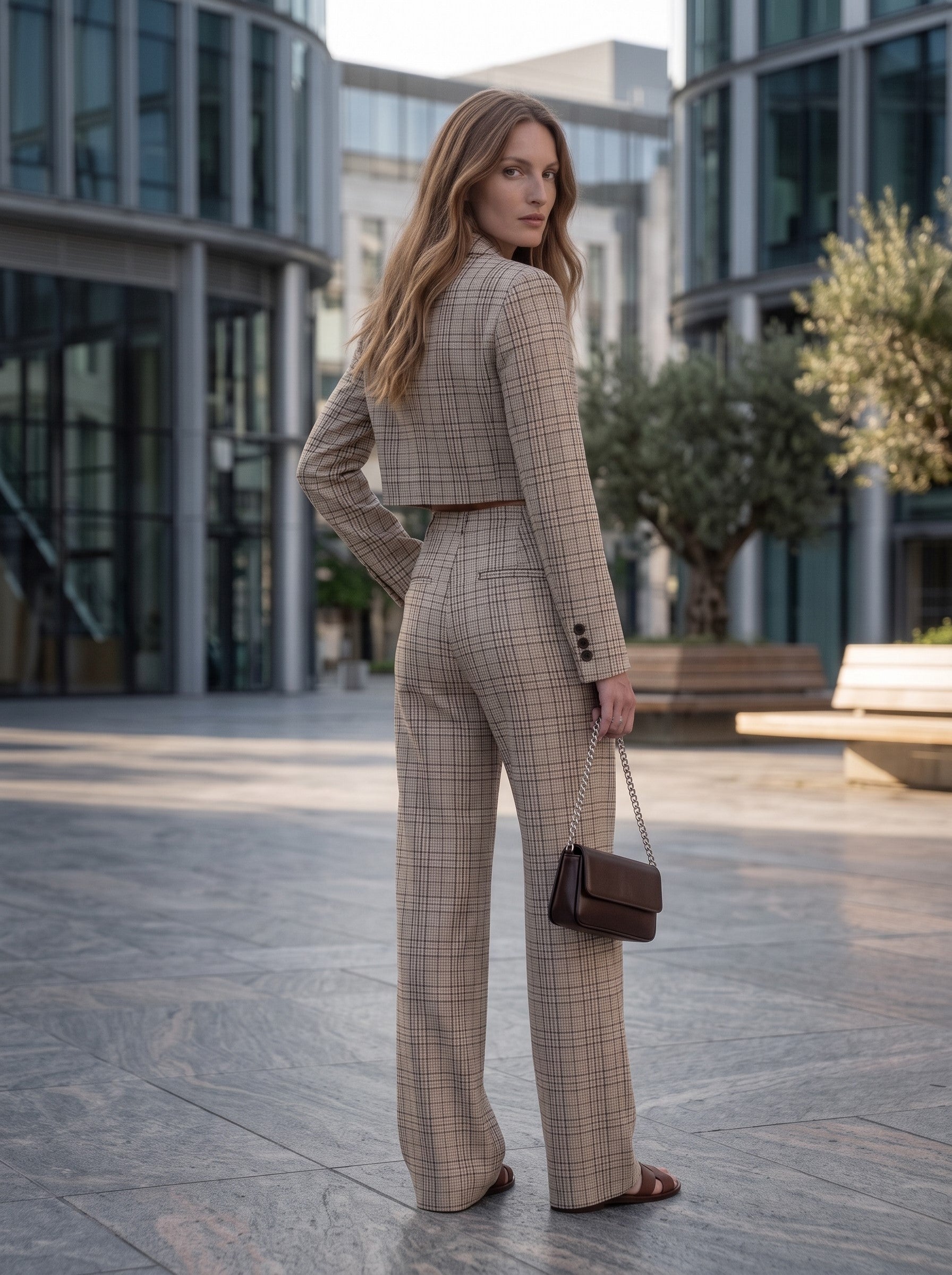 Women's Beige Checkered Cropped Blazer