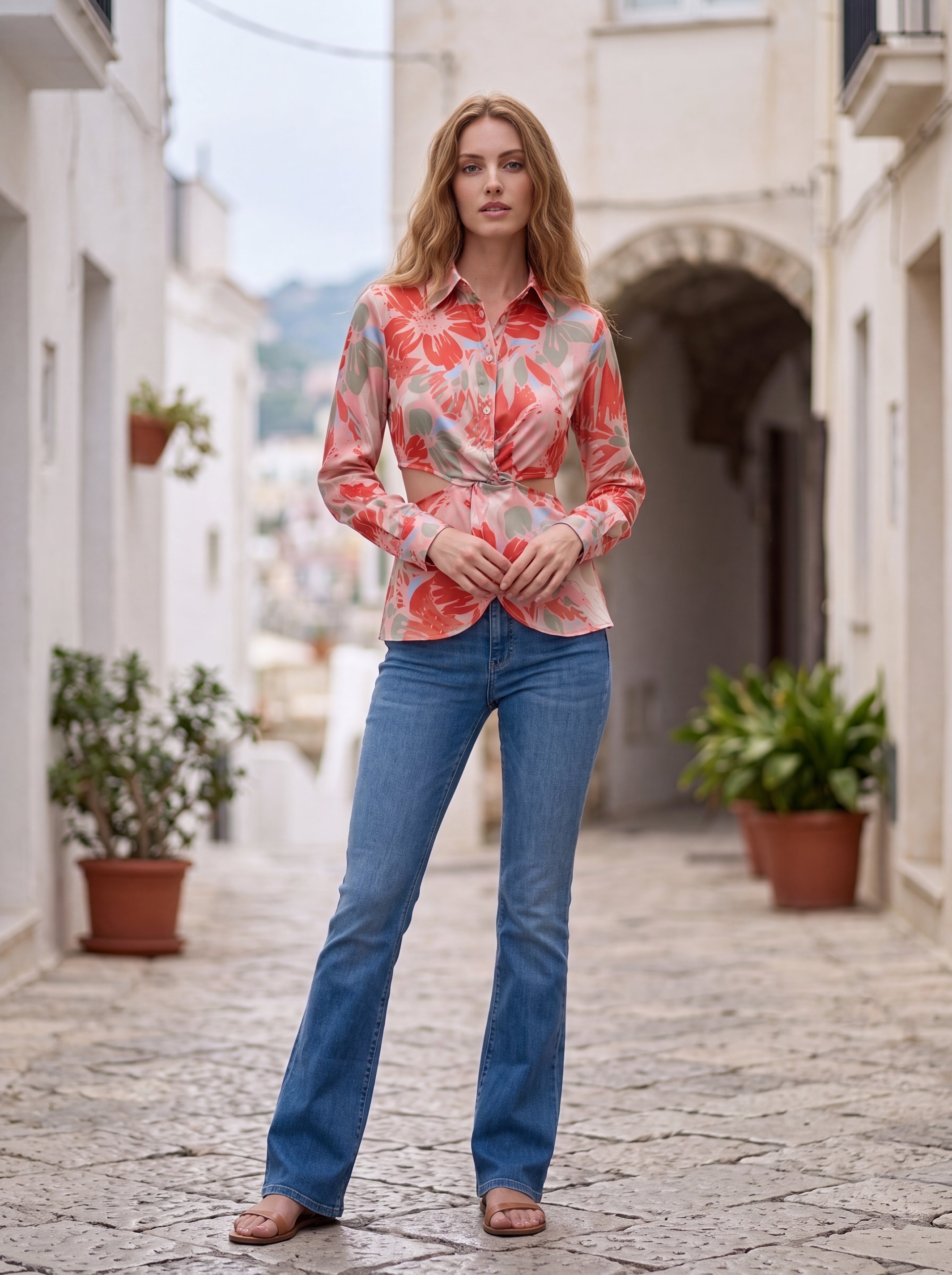 Women's Floral Twist-Waist Shirt | Premium European Long Sleeve Satin Blouse