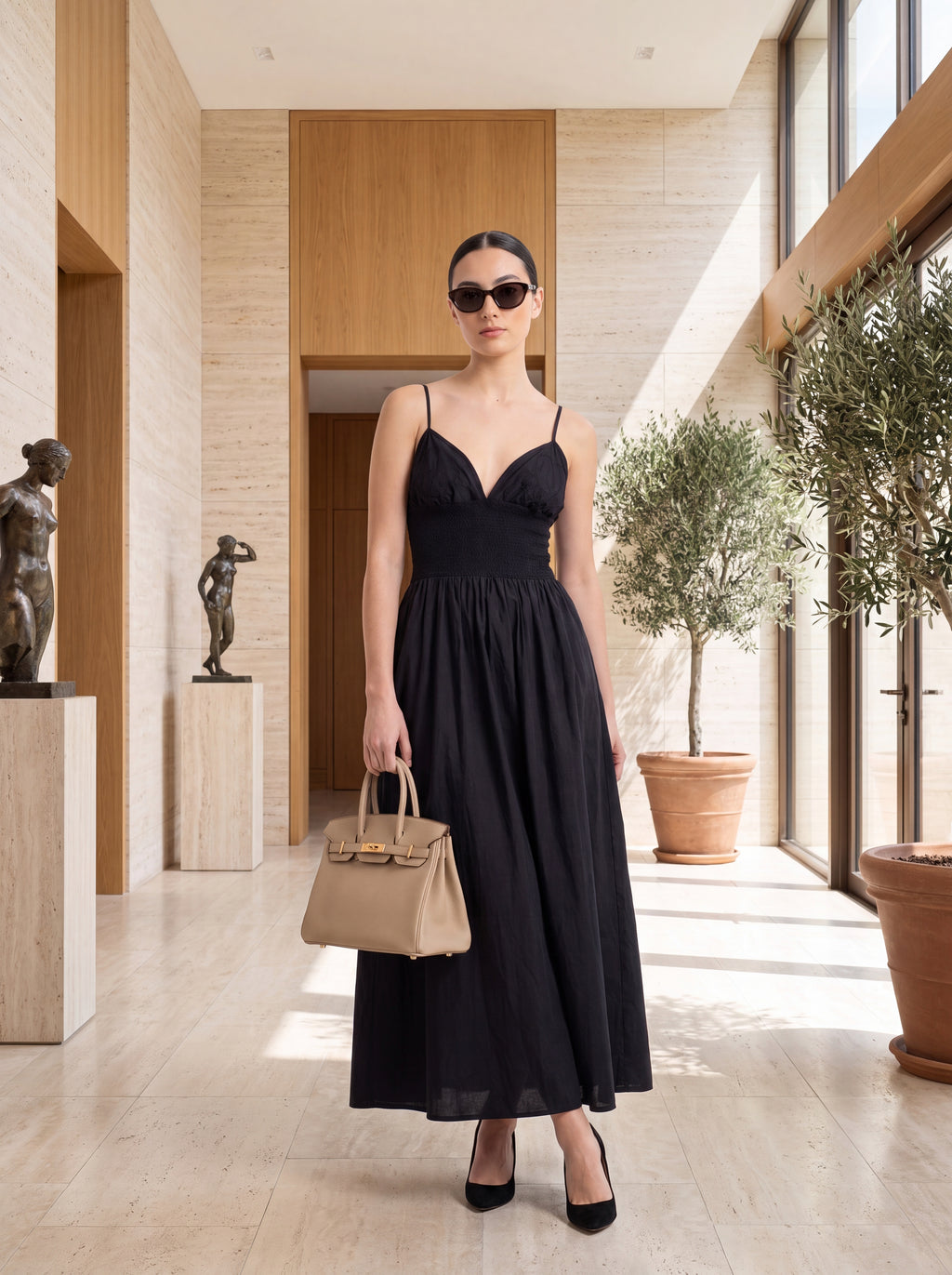 Women's Black Smocked Waist Maxi Dress – Elegant Sleeveless Cotton Midi Dress