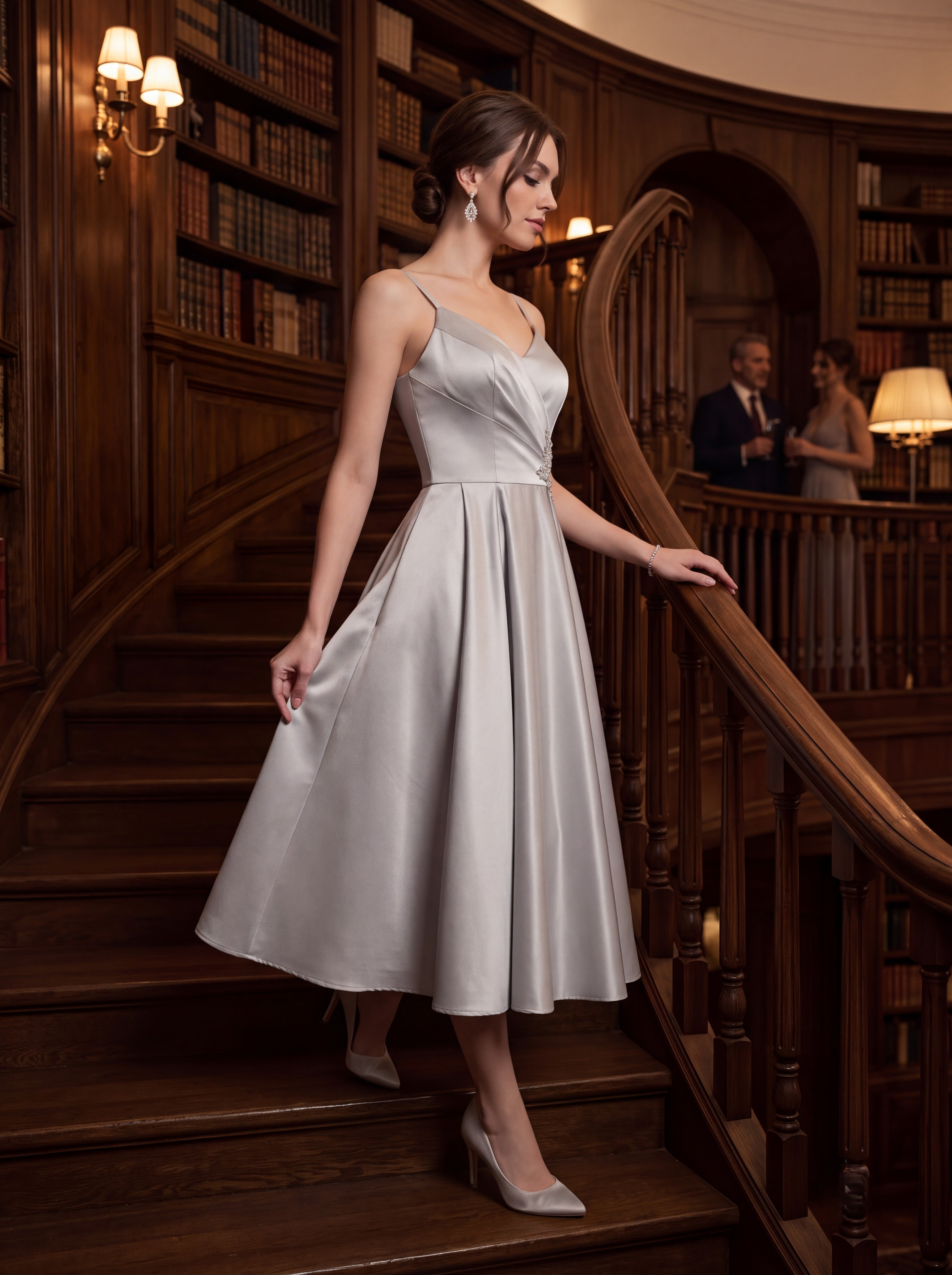 Silver Satin A-Line Midi Dress