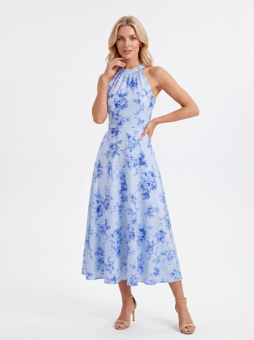 Blue Floral Halter Neck Midi Dress