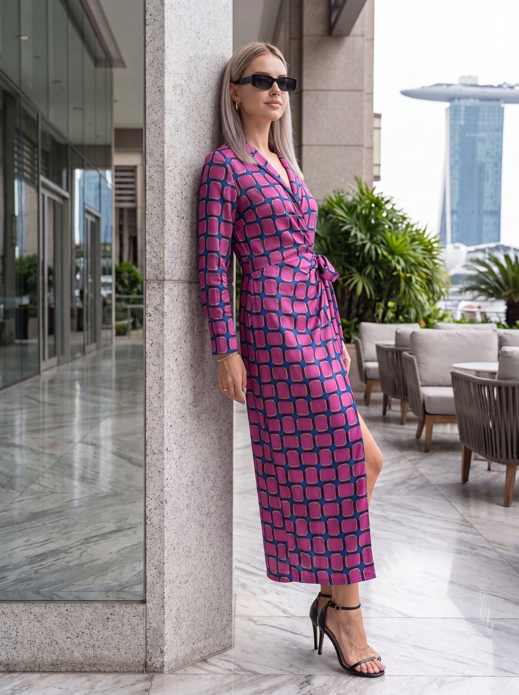 Women's Pink & Purple Geometric Wrap Midi Dress – Premium European Printed Long Sleeve Dress
