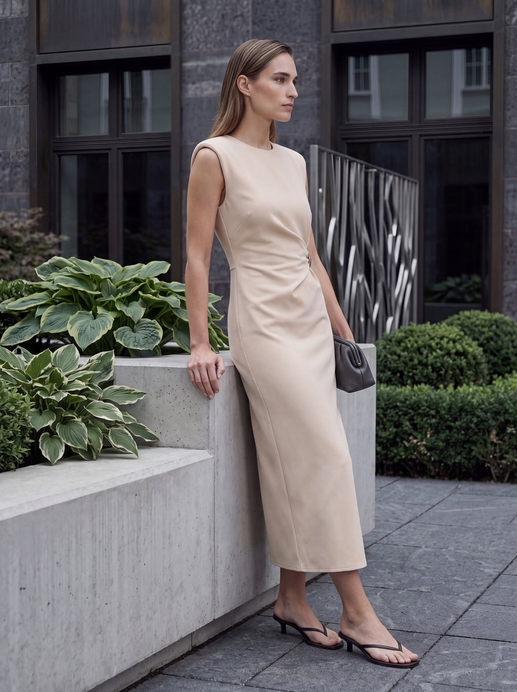 Women's Beige Sleeveless Buckle Detail Midi Dress – Elegant Bodycon Occasion Dress