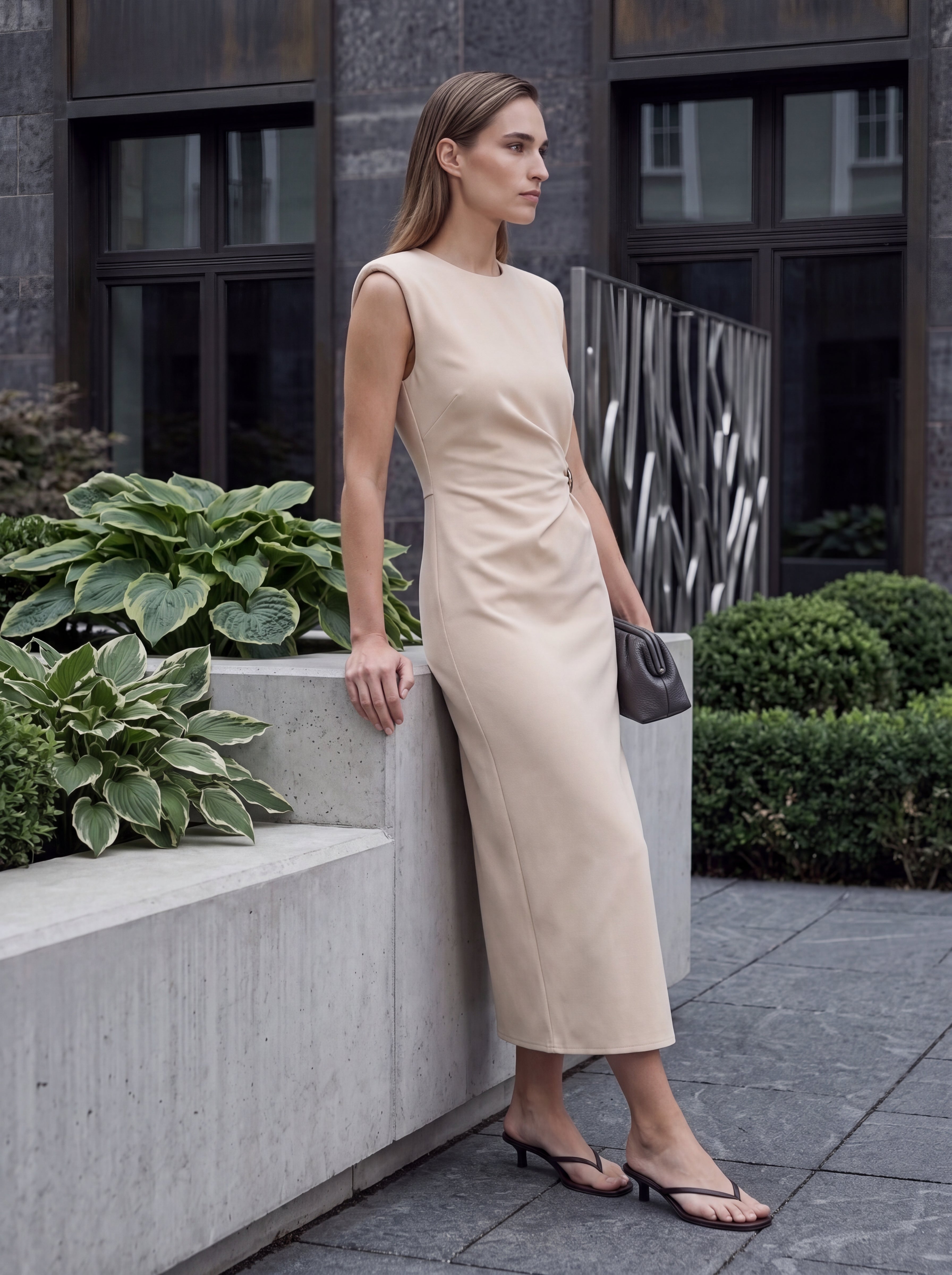Women's Beige Sleeveless Buckle Detail Midi Dress – Elegant Bodycon Occasion Dress