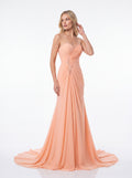 Peach Embellished Ruched Evening Gown