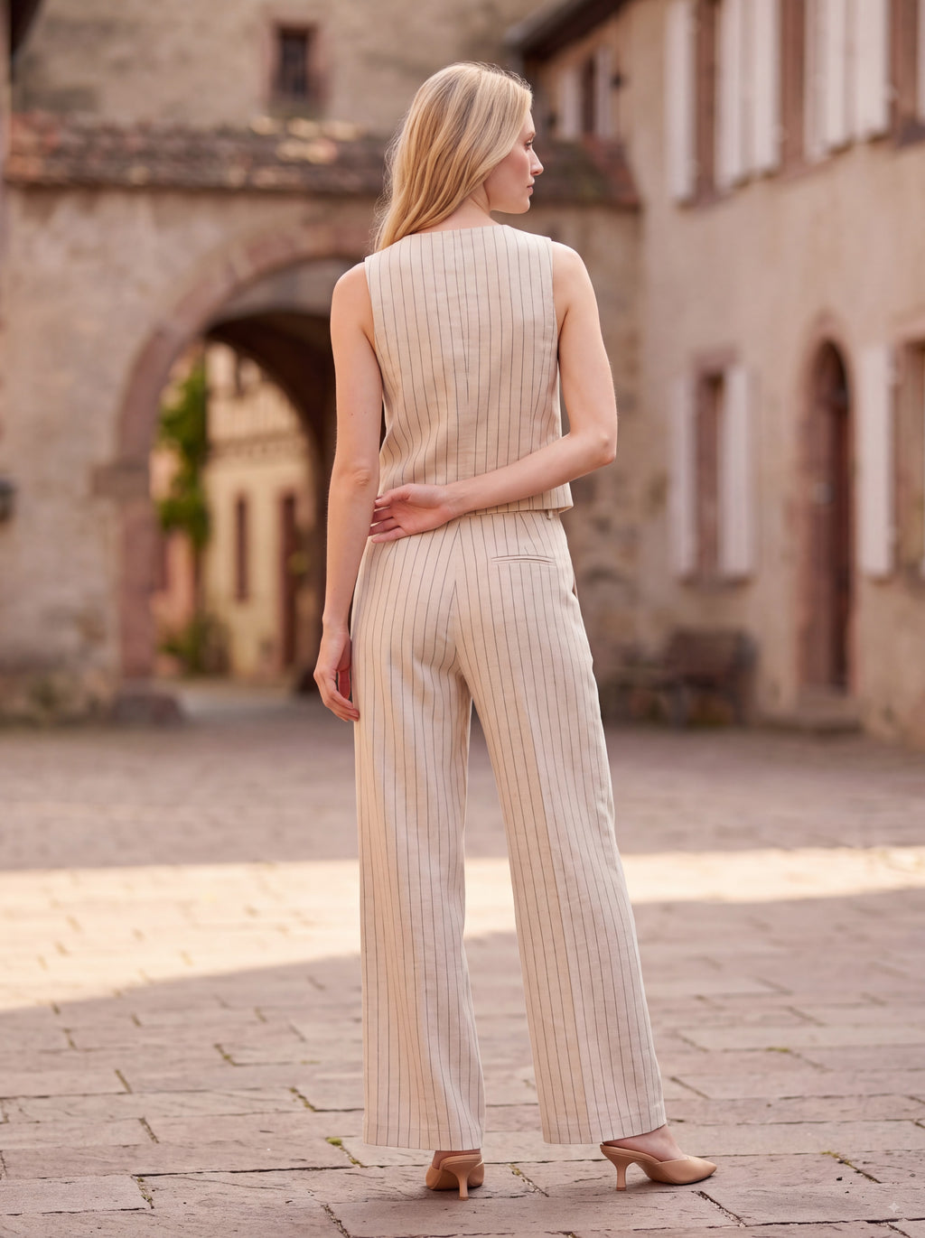 Women's Beige Pinstripe Tailored Vest & Wide-Leg Trousers Pair Collection | Premium European Women's Pair