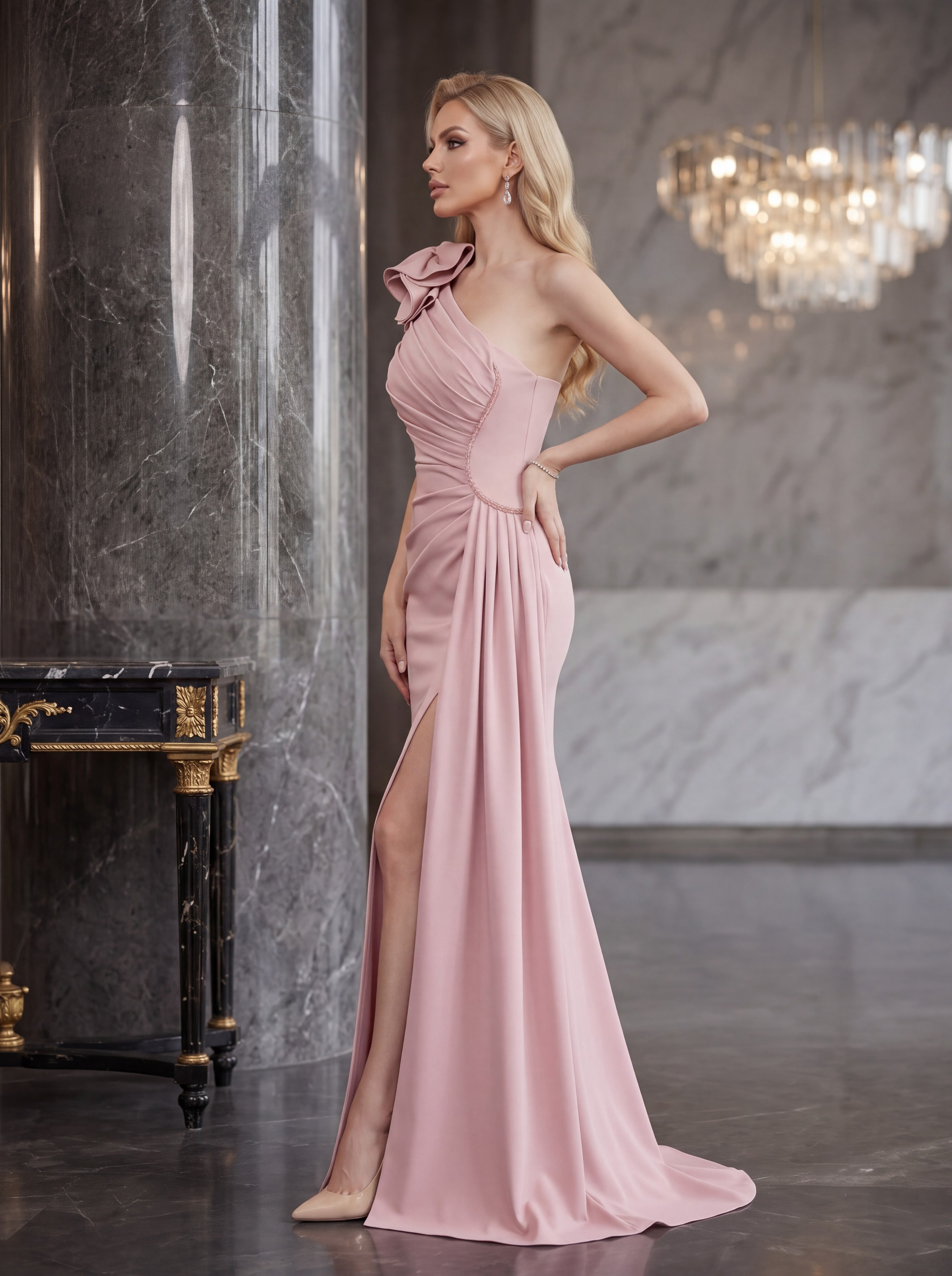 Blush Pink One-Shoulder Evening Gown