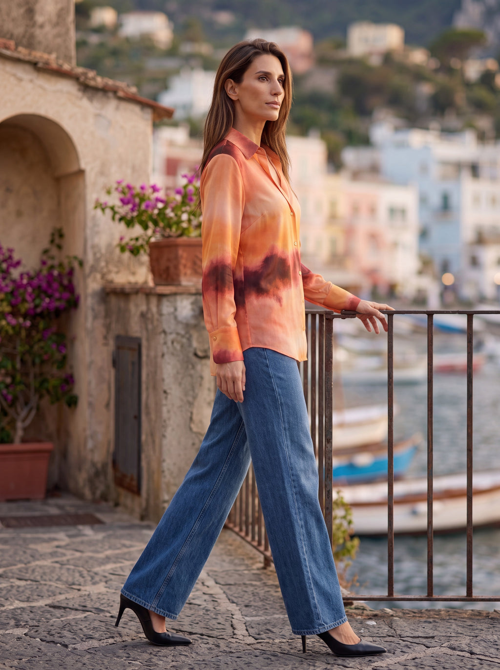 Women's Sunset Watercolor Print Shirt | Premium European Designer Long Sleeve Shirt