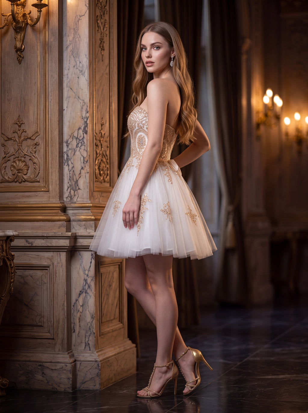 White & Gold Embroidered Strapless Tulle Party Dress