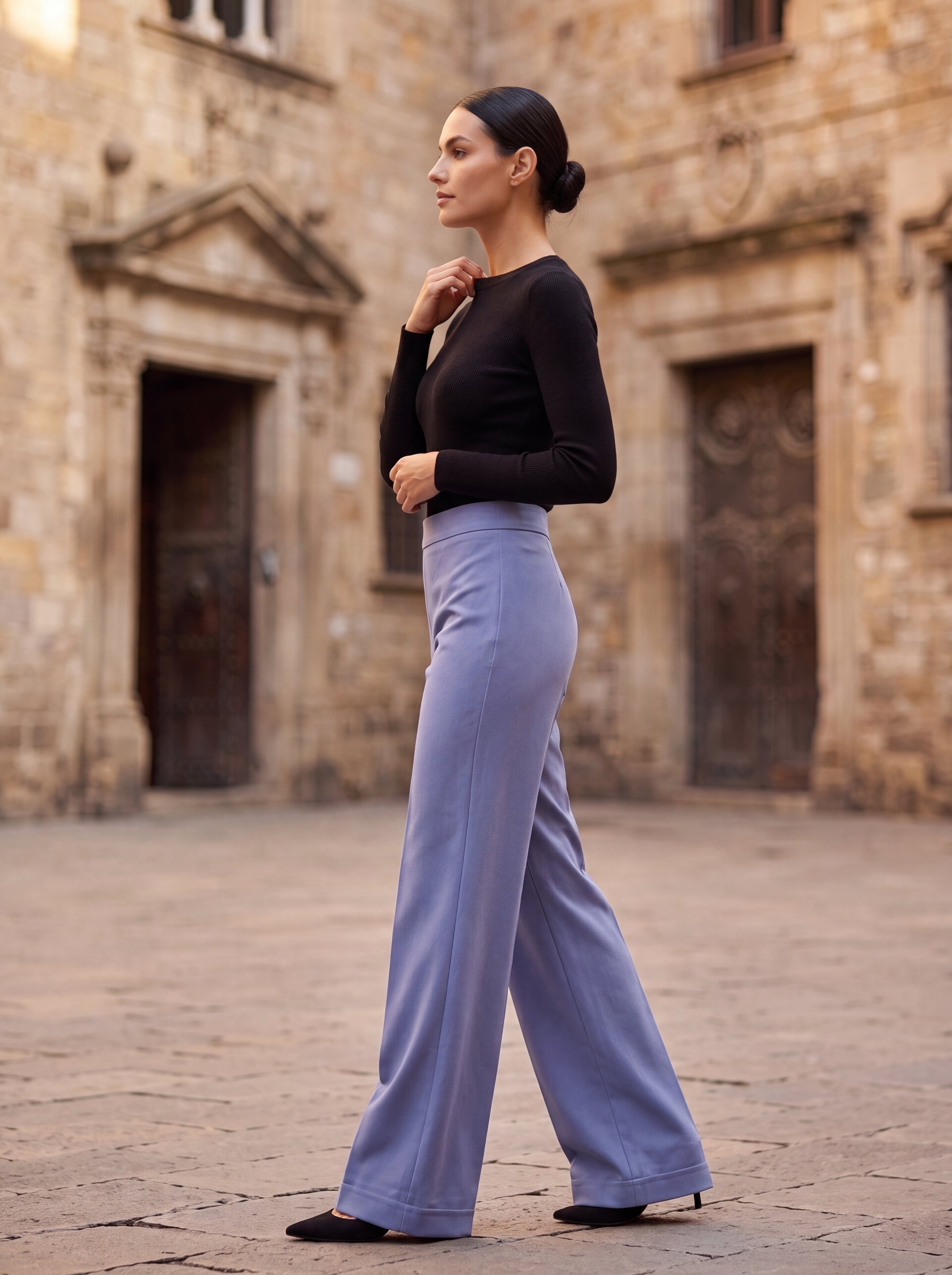 Women's Powder Blue Wide Leg Trousers – Premium European High-Waisted Formal Pants