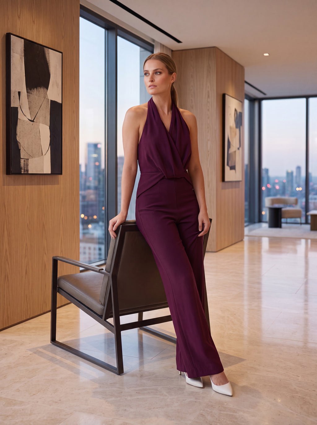 Women's Plum Halter Neck Wide-Leg  One-Piece
