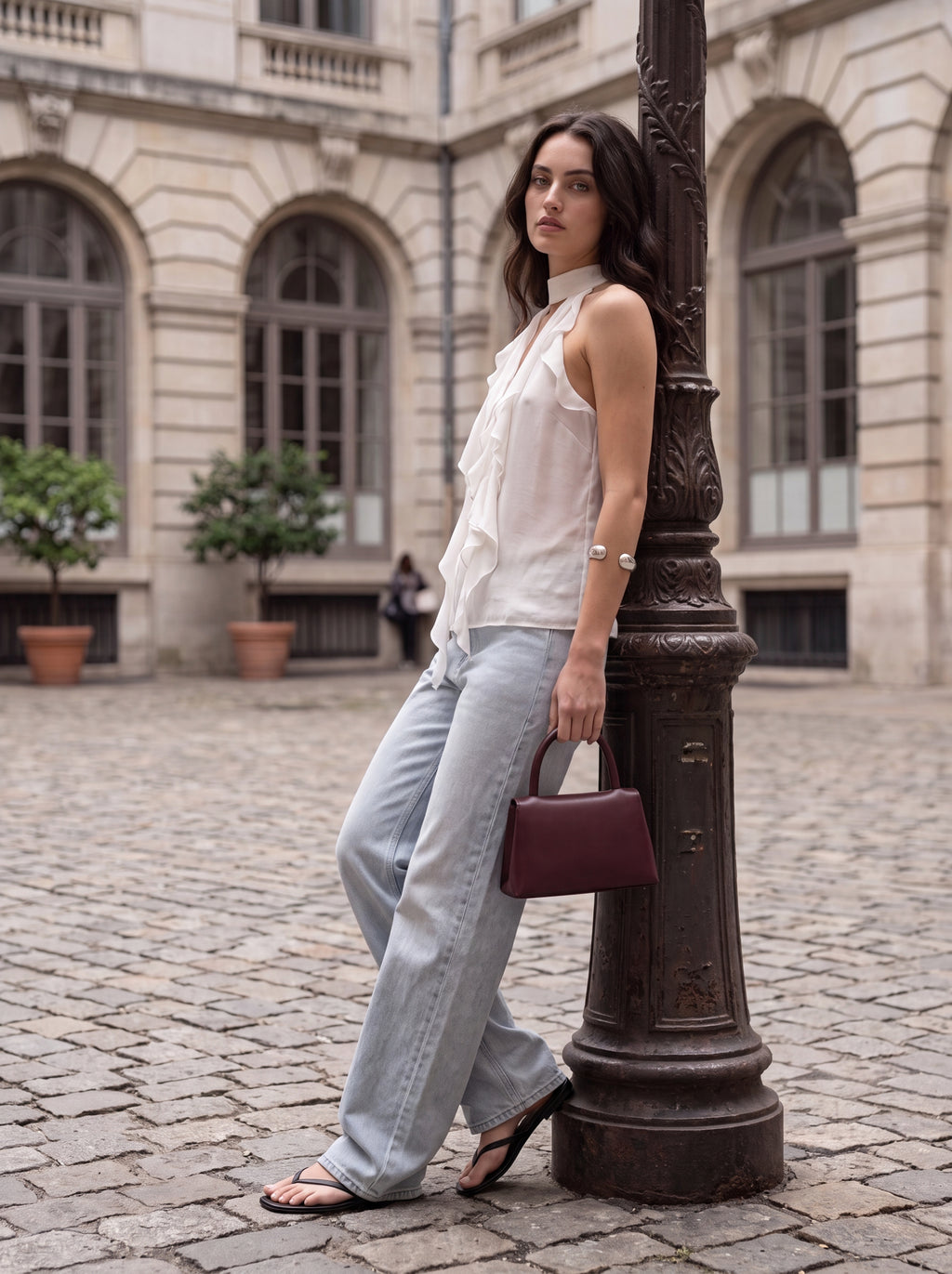 Women's White Ruffle Halter Neck Top | Elegant Sleeveless Chiffon Blouse