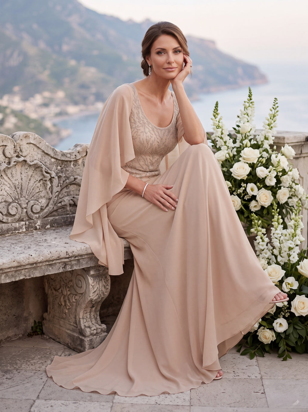 Champagne Embellished Cape Sleeve Evening Gown