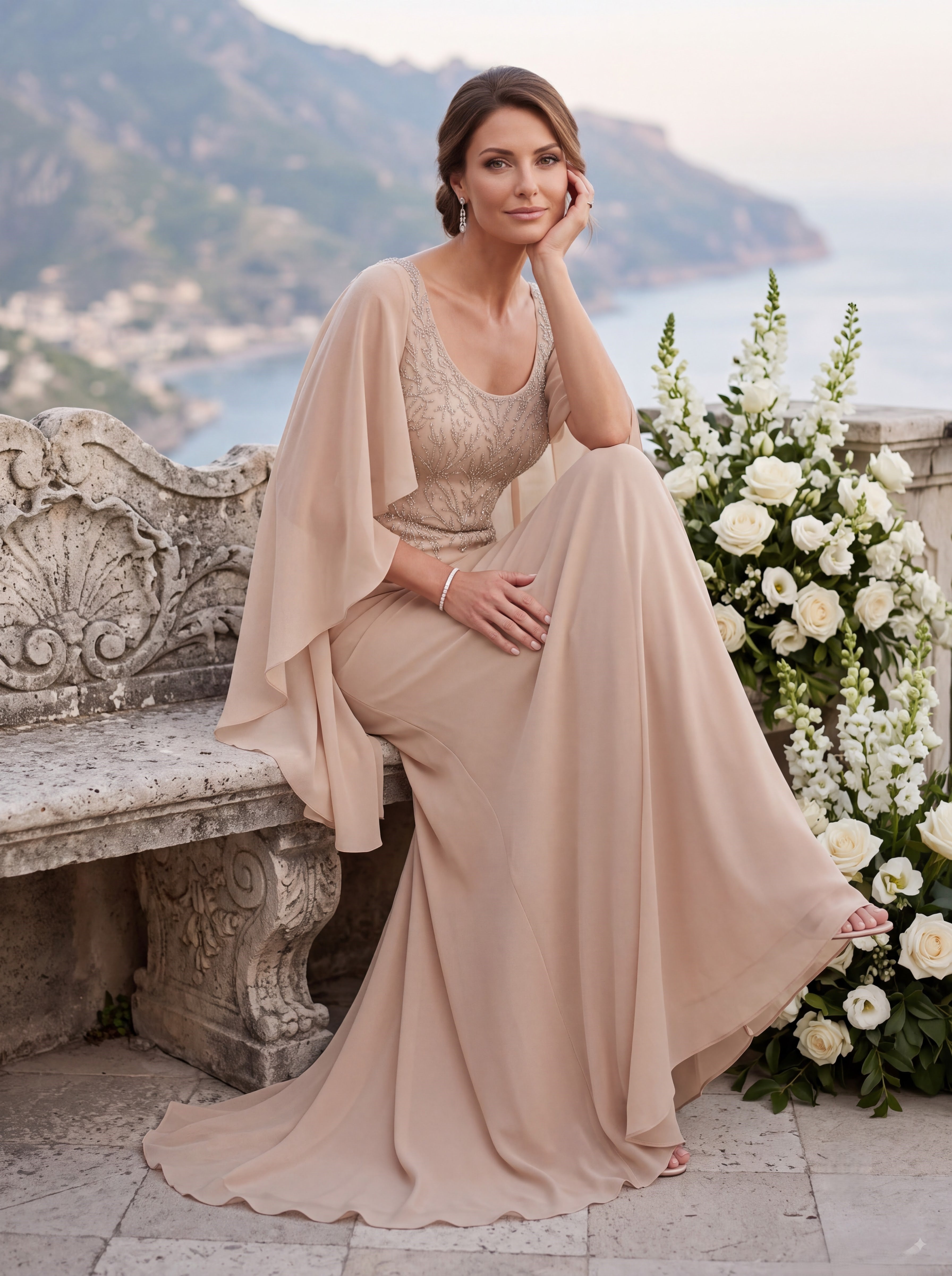 Champagne Embellished Cape Sleeve Evening Gown