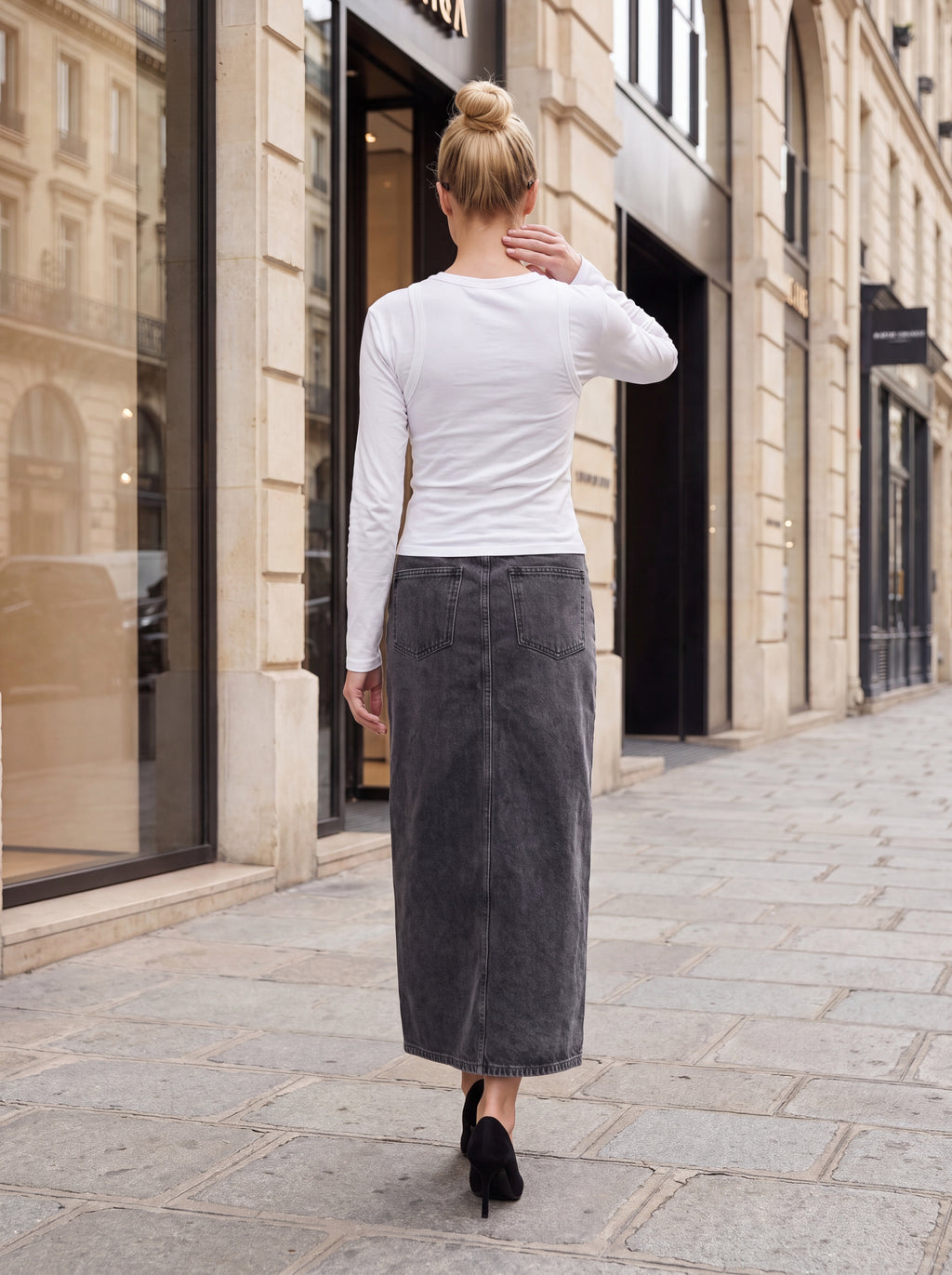 Women's Washed Charcoal Denim Midi Skirt