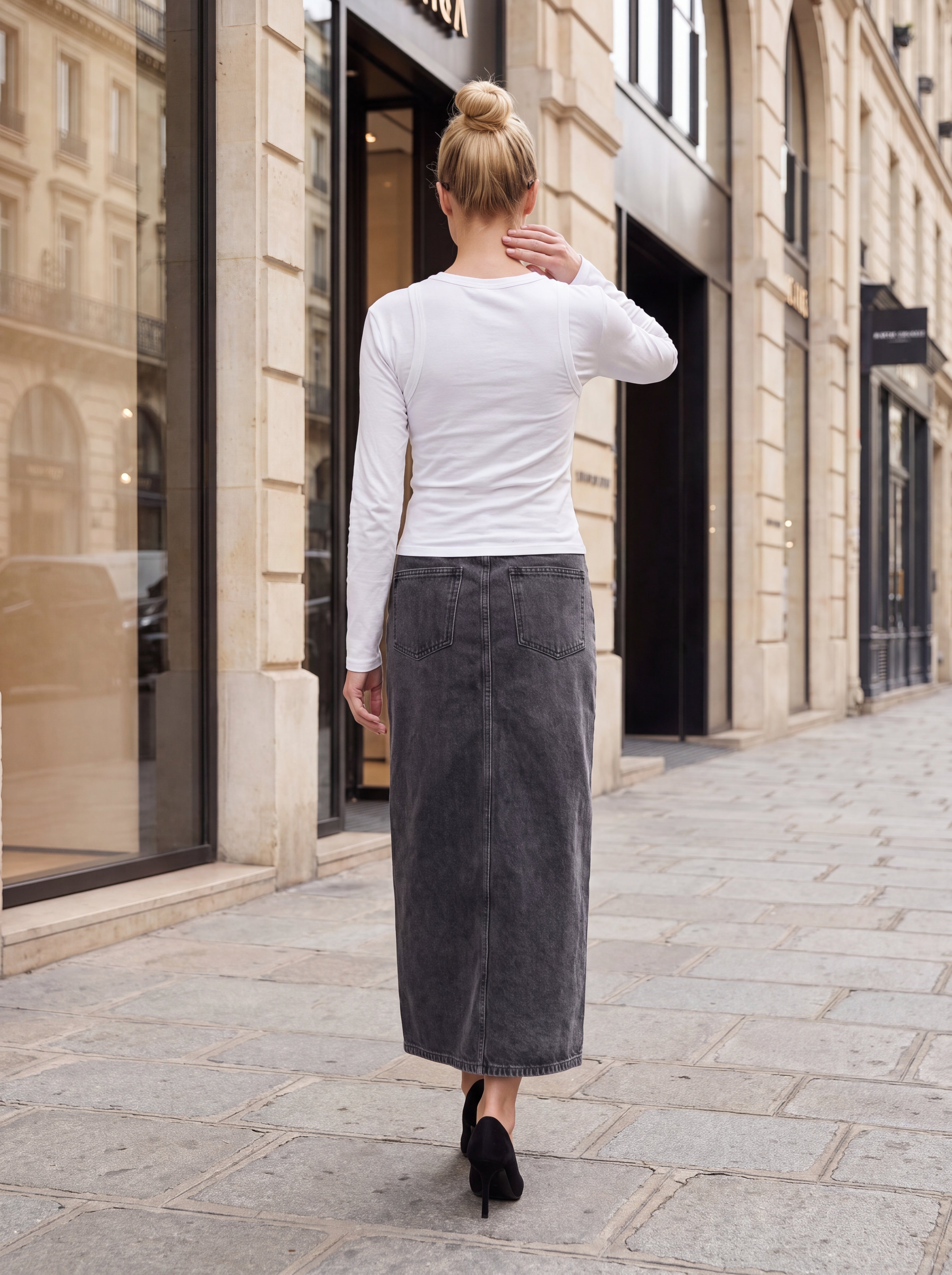 Women's Washed Charcoal Denim Midi Skirt