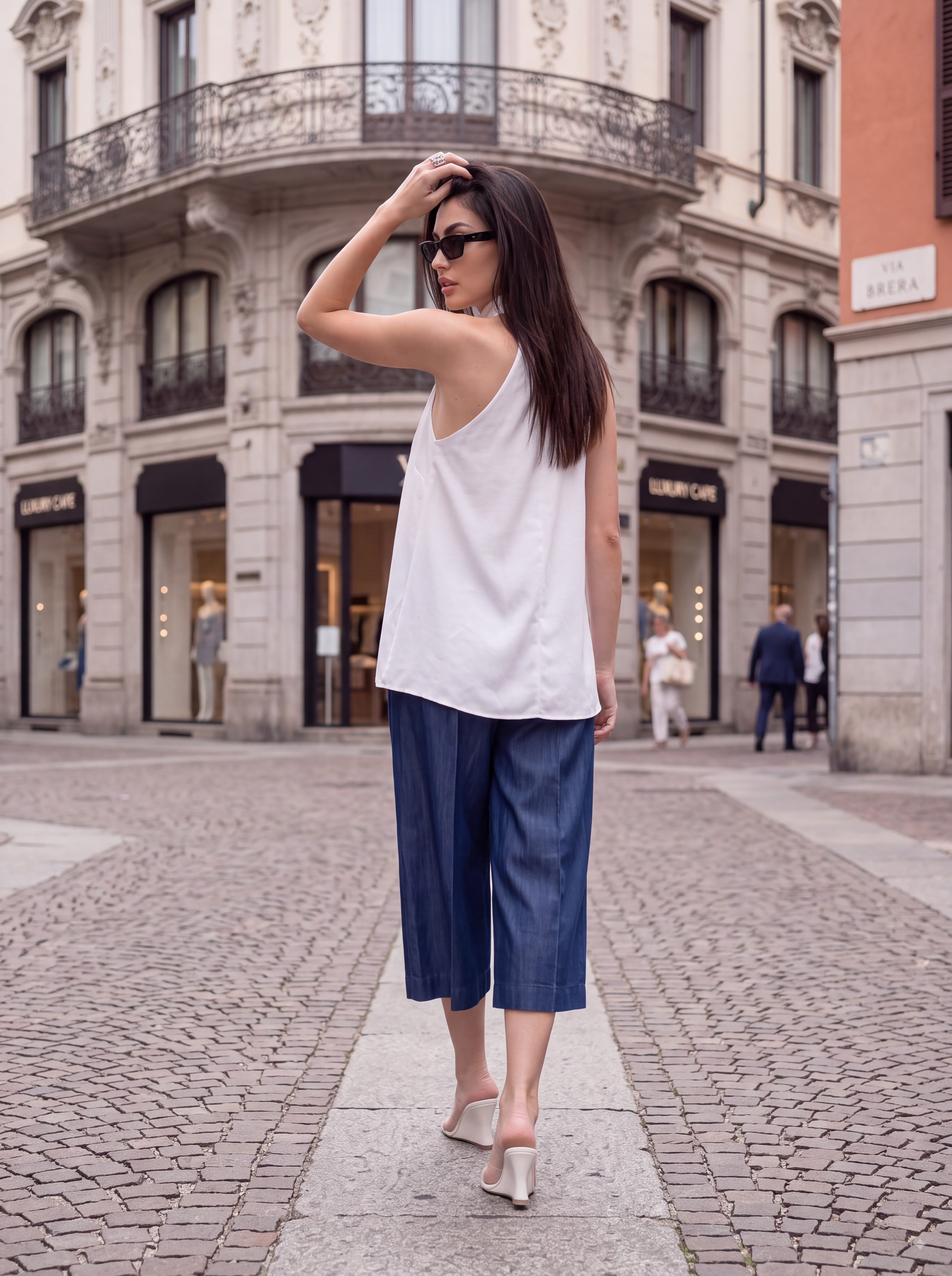 Women's White Halter Top & Blue Wide-Leg Culotte Pair Collection | Premium European Women's Pair