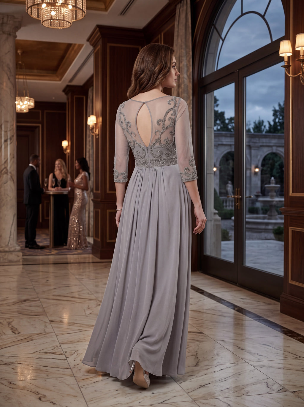 Silver Grey Embroidered Chiffon Maxi Dress