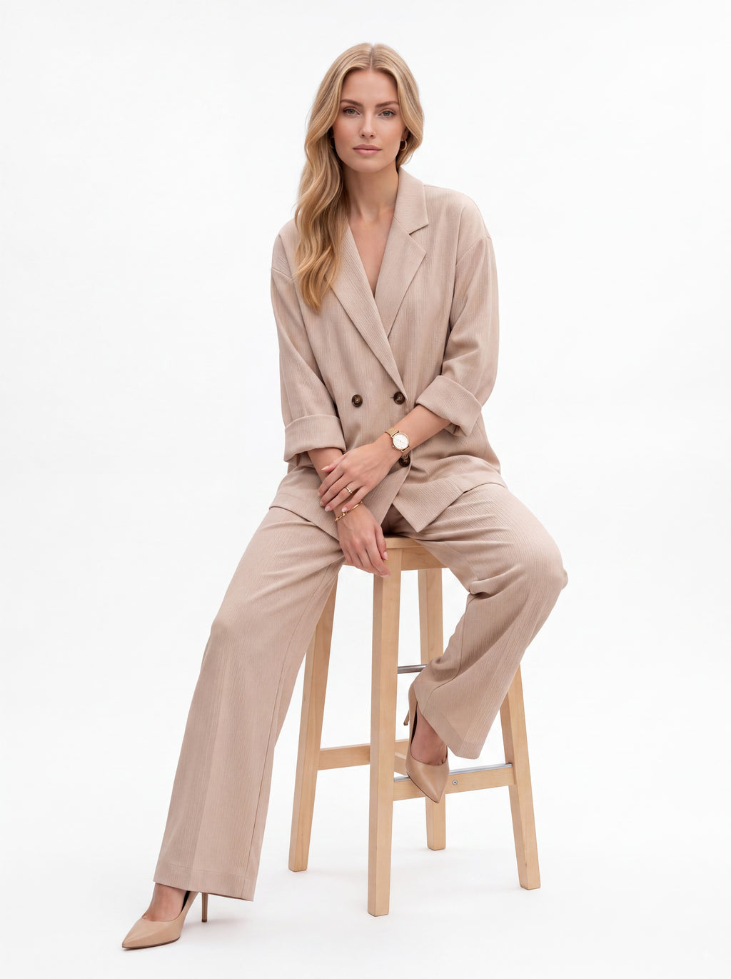 Women's Premium Satin Beige Double-Breasted Blazer & Wide-Leg Trouser Pair Collection | Luxury Women's Satin Pair